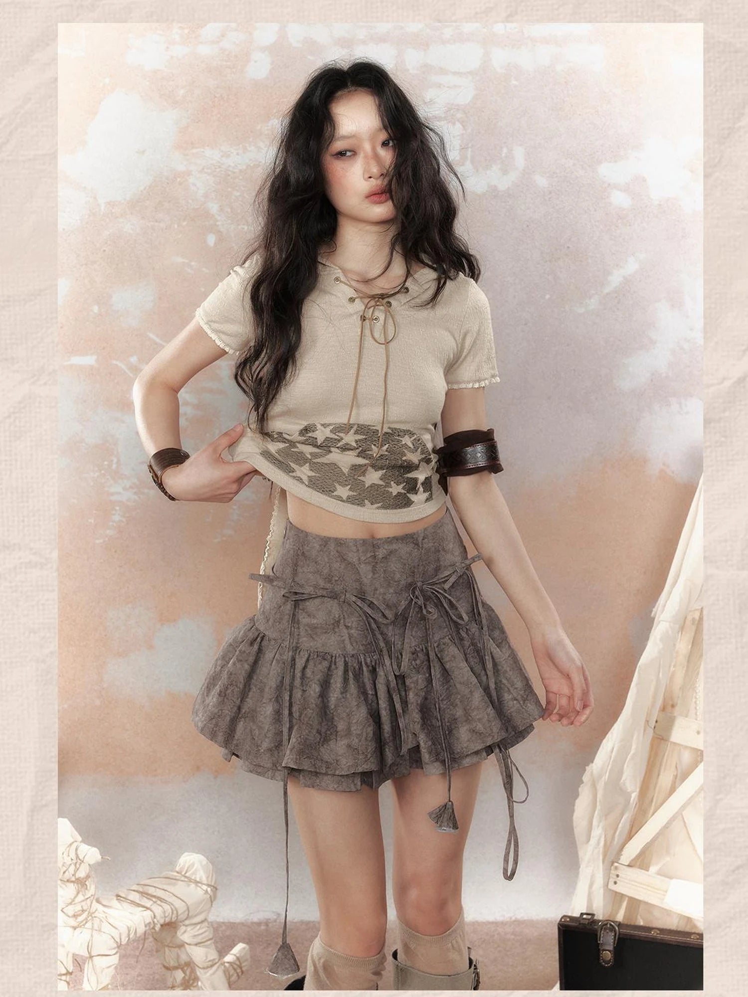 Steam Punk Star Print Rabbit Ear Hooded T-Shirt