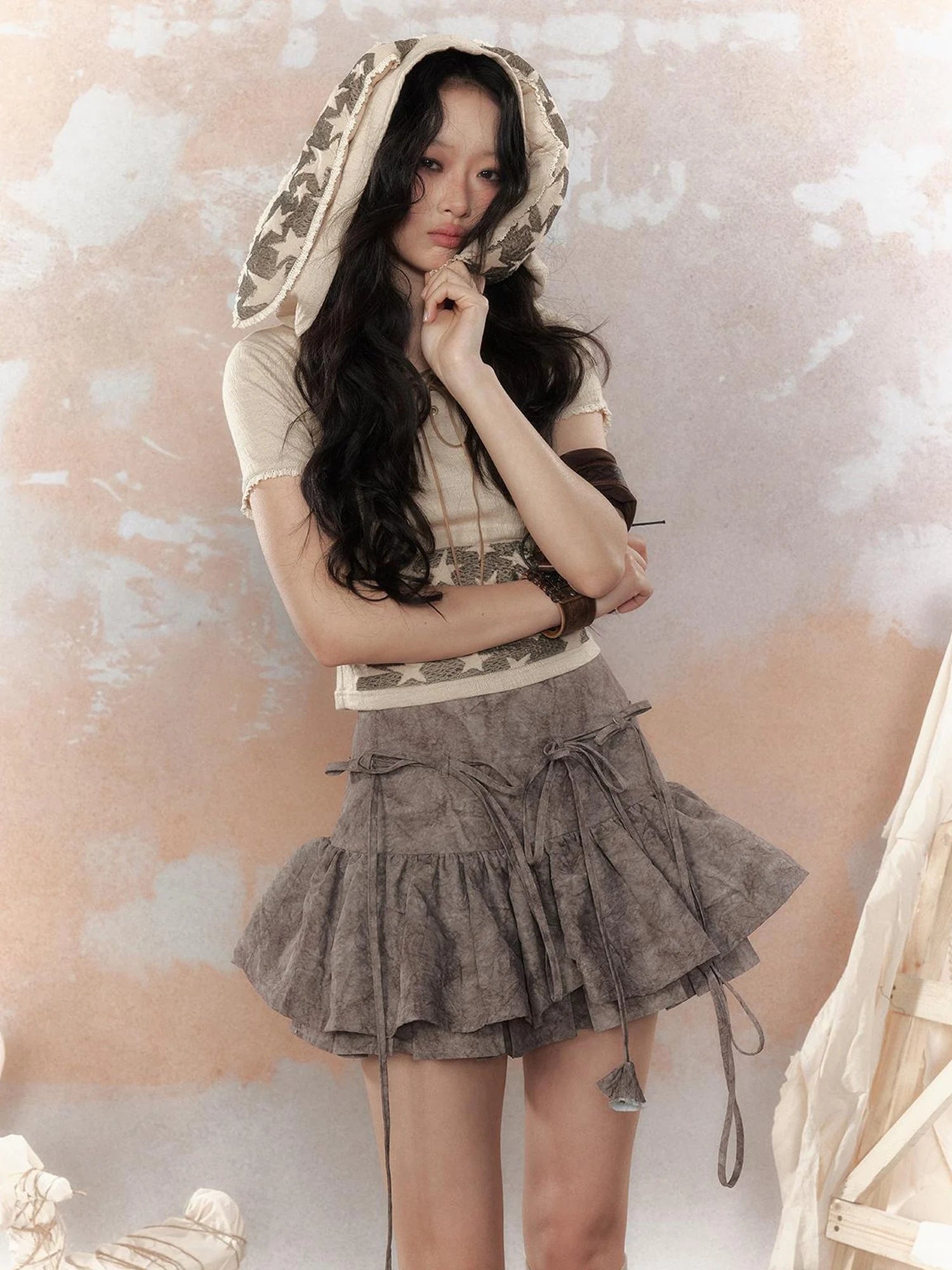 Steam Punk Star Print Rabbit Ear Hooded T-Shirt