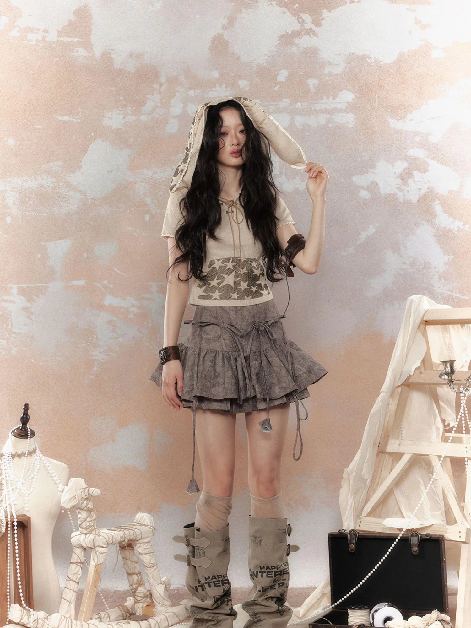 Steam Punk Star Print Rabbit Ear Hooded T-Shirt