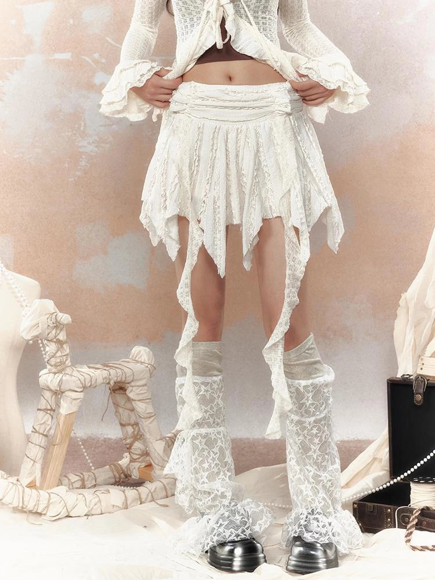 Steampunk Asymmetrical Skirt With Lace Trim