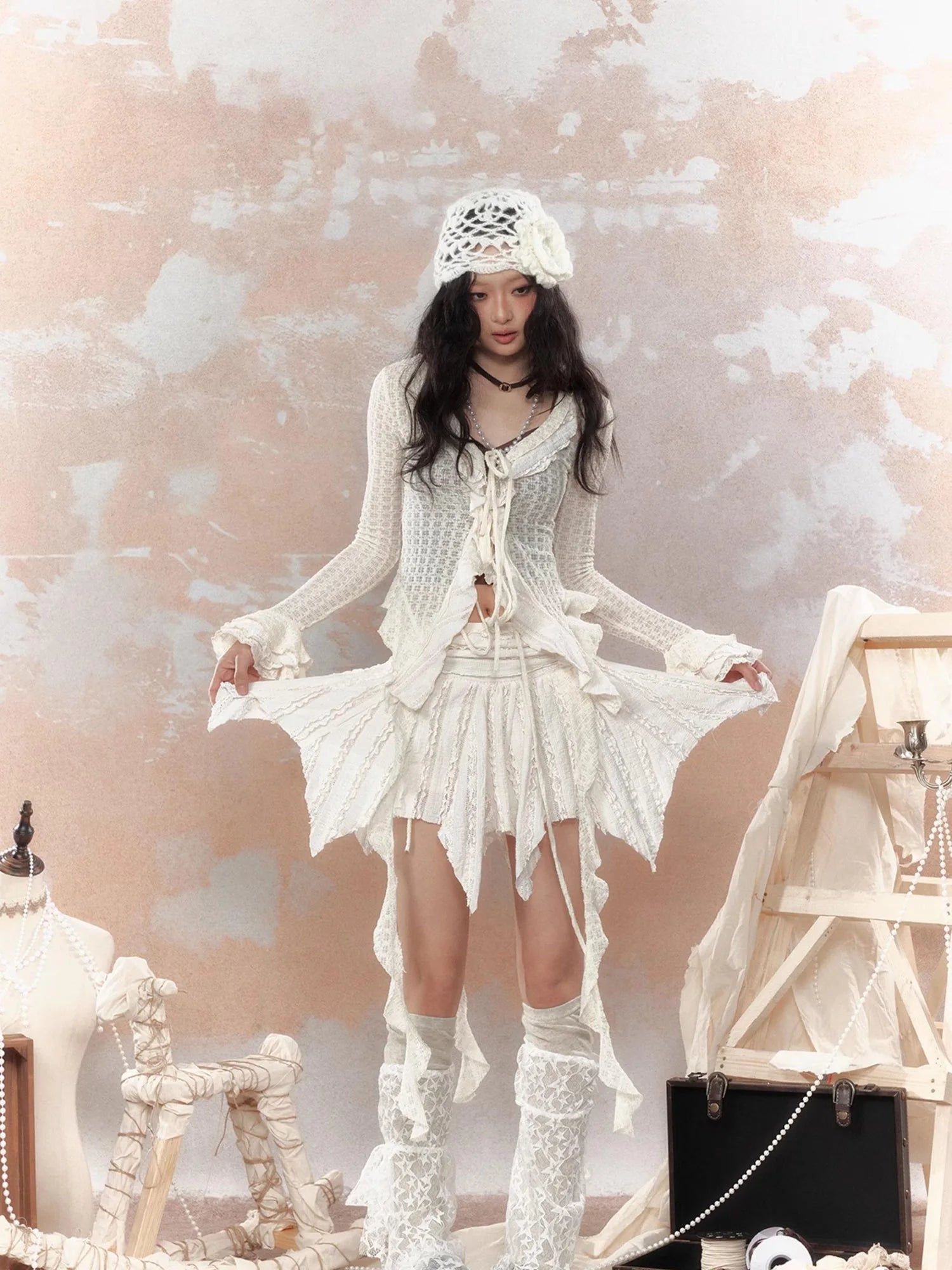 Steampunk Asymmetrical Skirt With Lace Trim