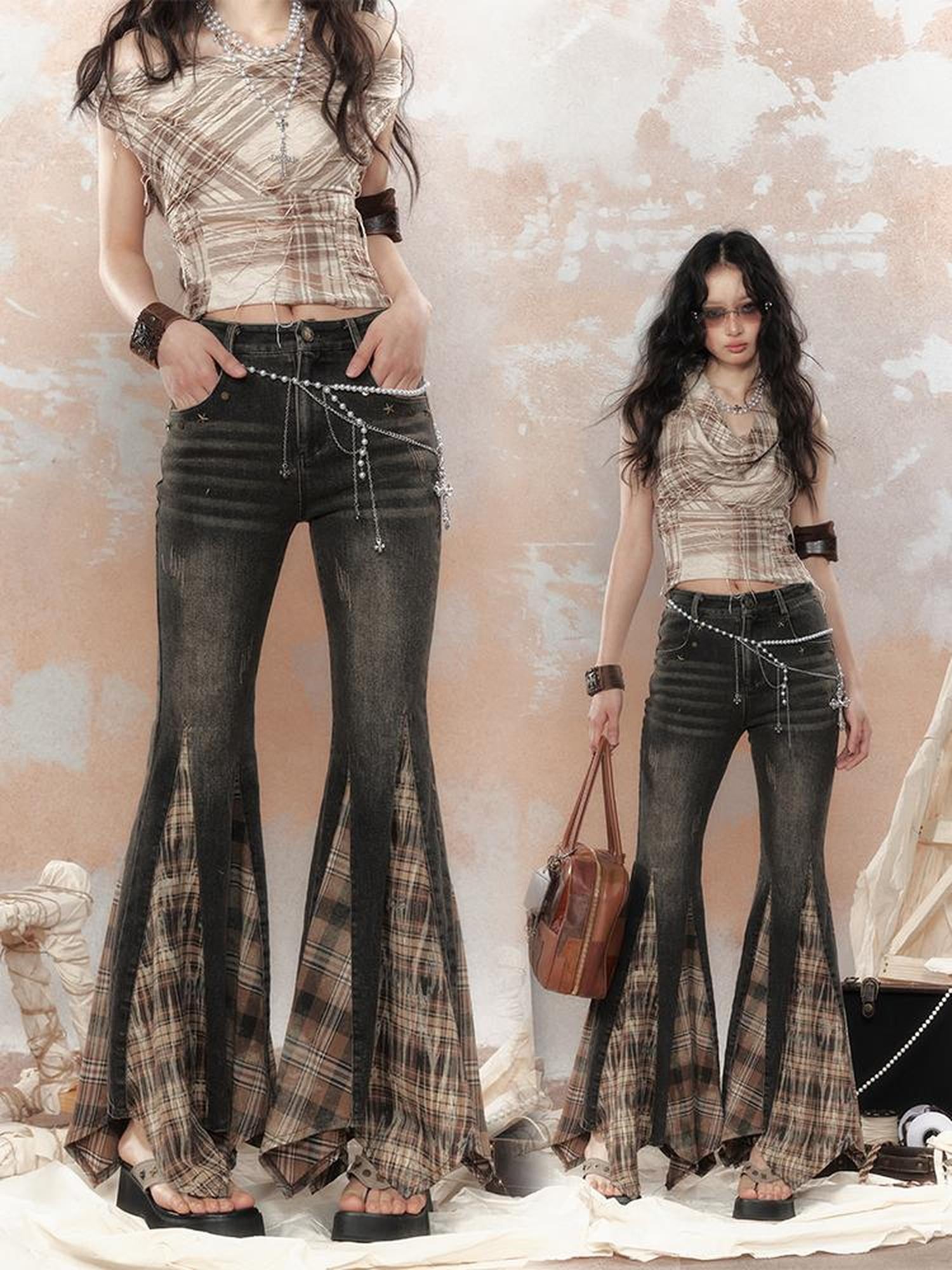 ALL iN plan Steampunk Denim Patchwork Flared Pants