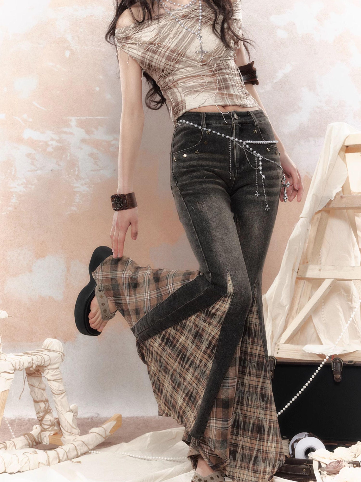 ALL iN plan Steampunk Denim Patchwork Flared Pants