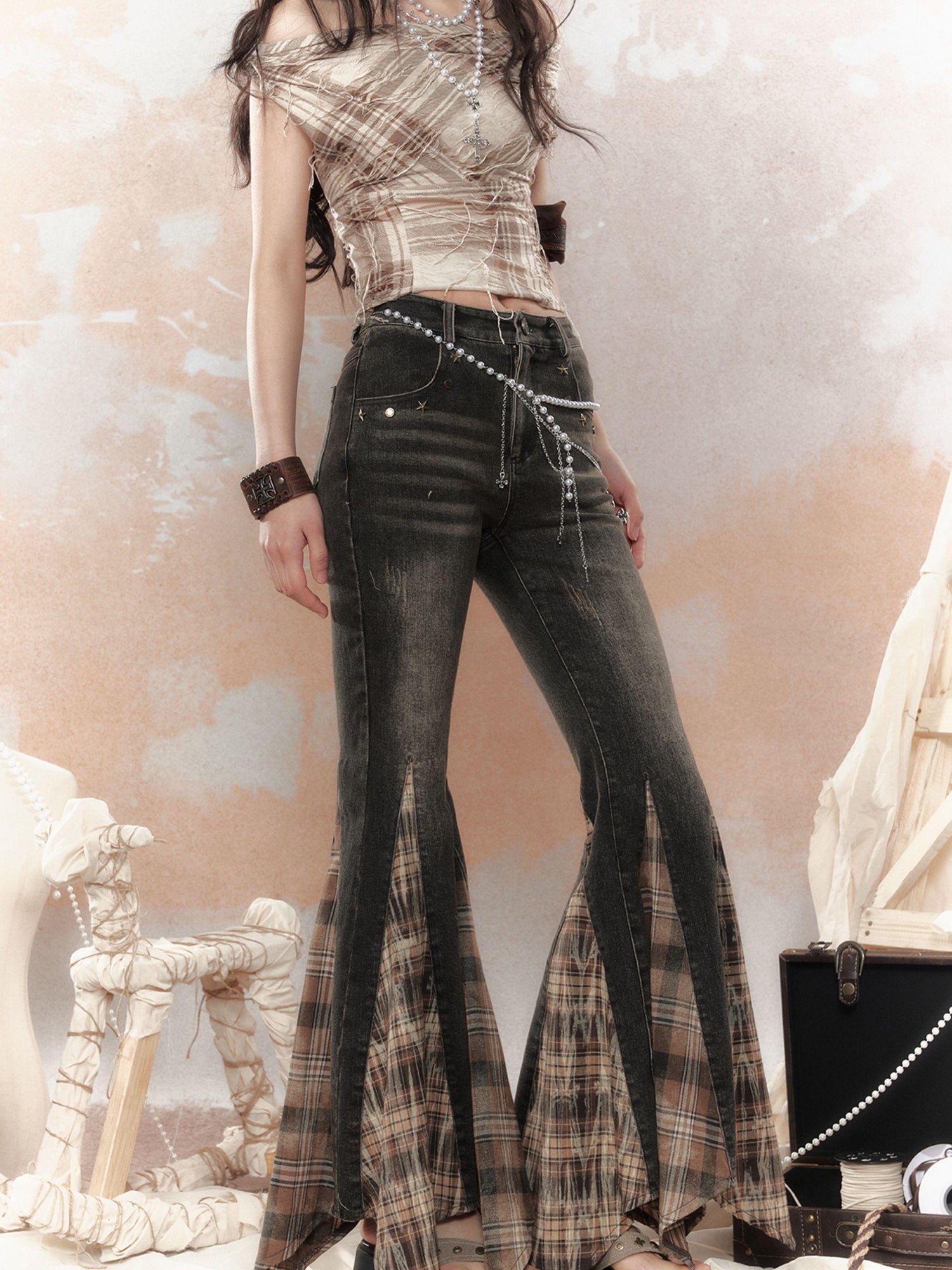 ALL iN plan Steampunk Denim Patchwork Flared Pants
