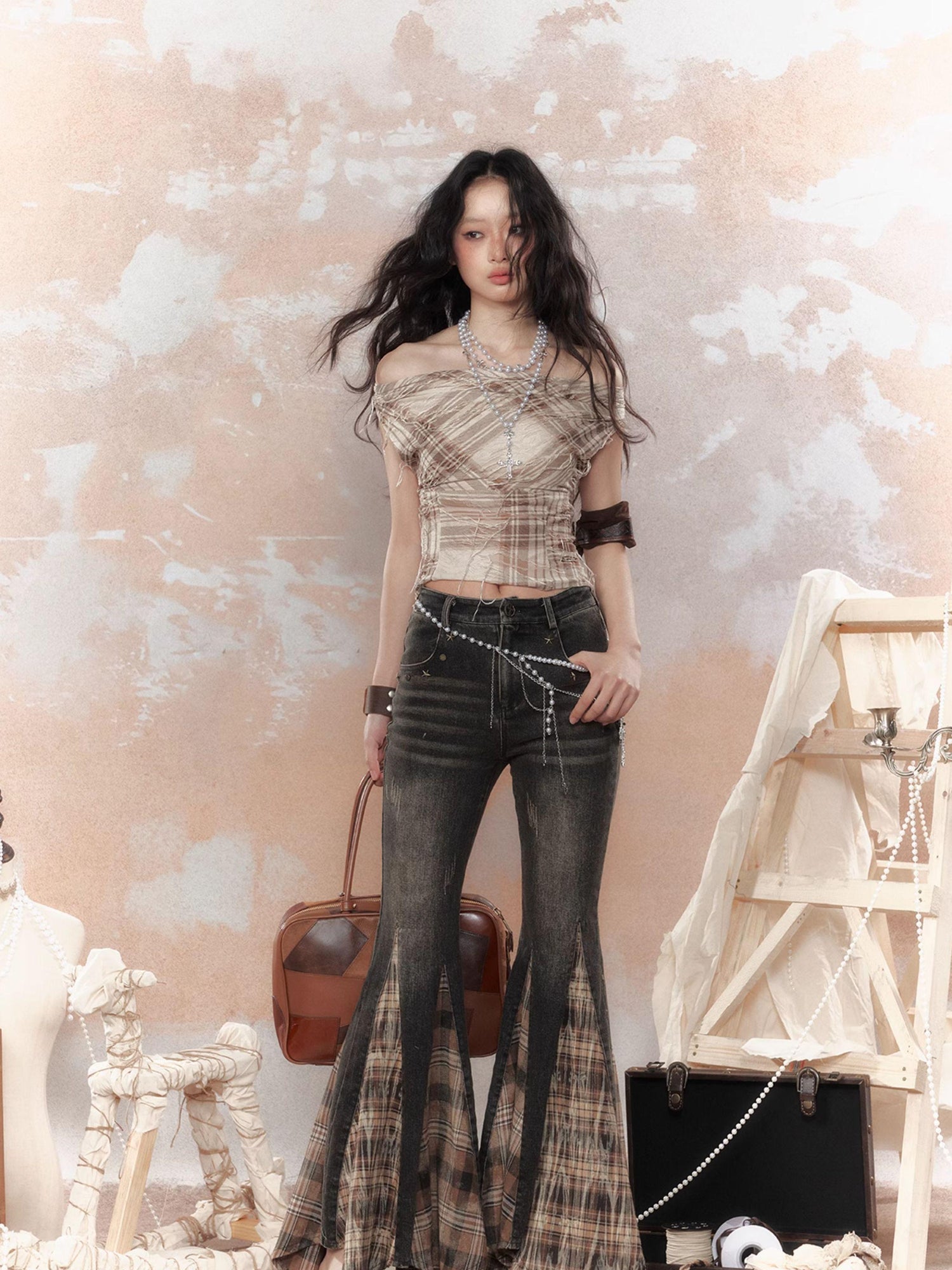ALL iN plan Steampunk Denim Patchwork Flared Pants