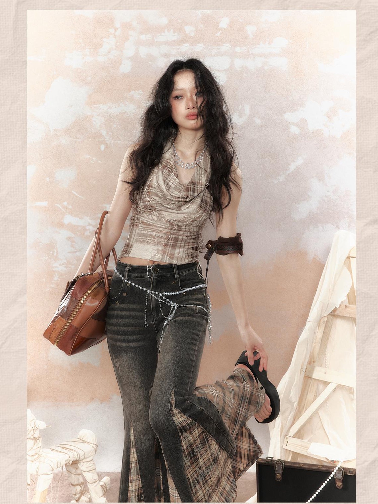 ALL iN plan Steampunk Denim Patchwork Flared Pants