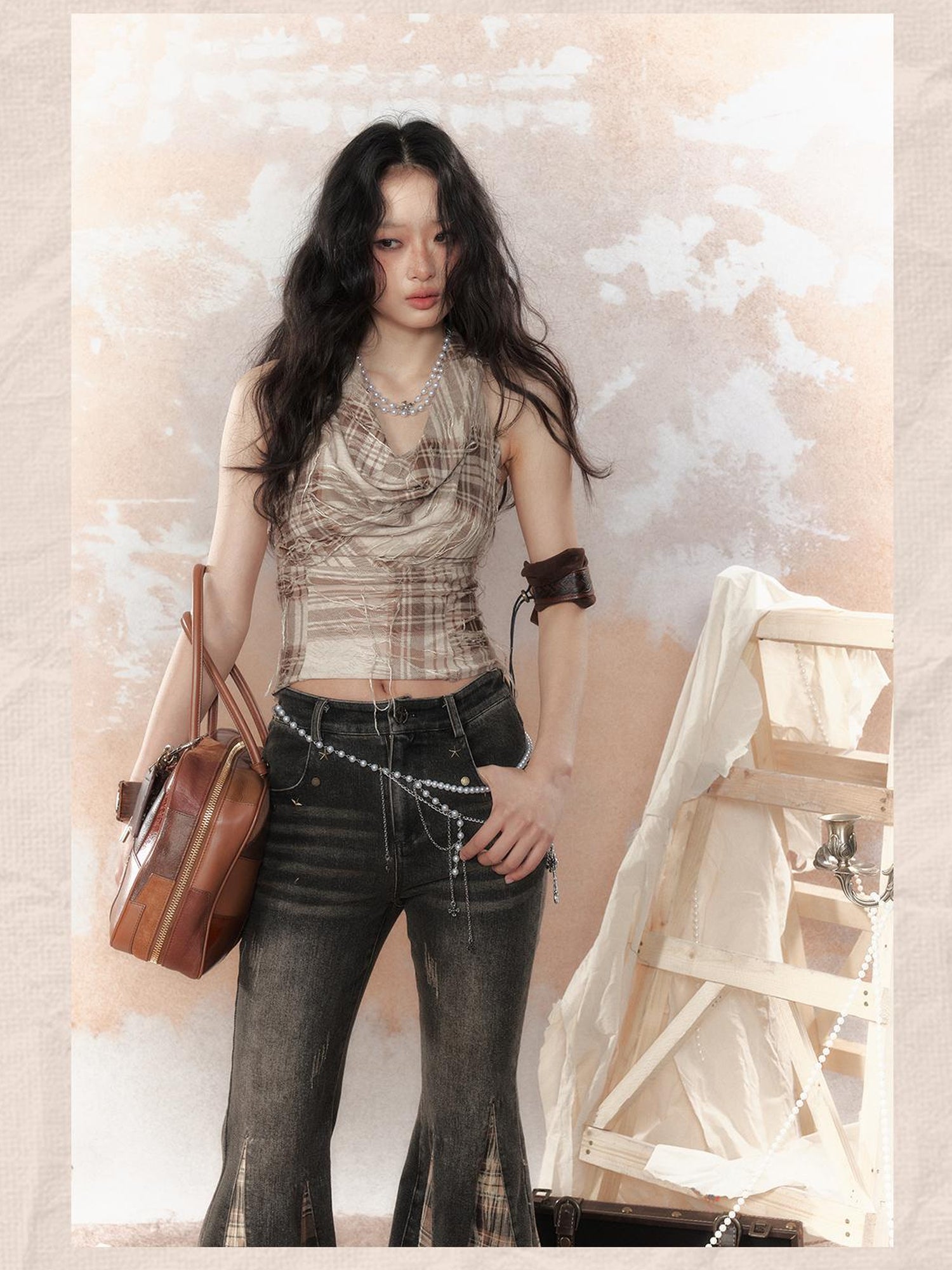 ALL iN plan Steampunk Denim Patchwork Flared Pants