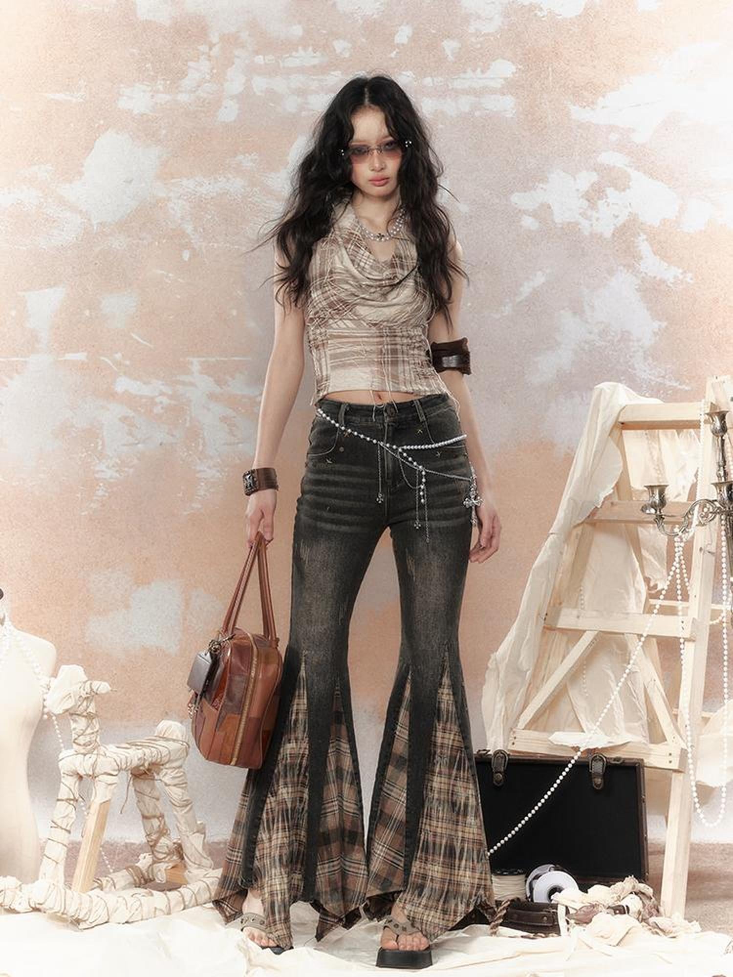 ALL iN plan Steampunk Denim Patchwork Flared Pants