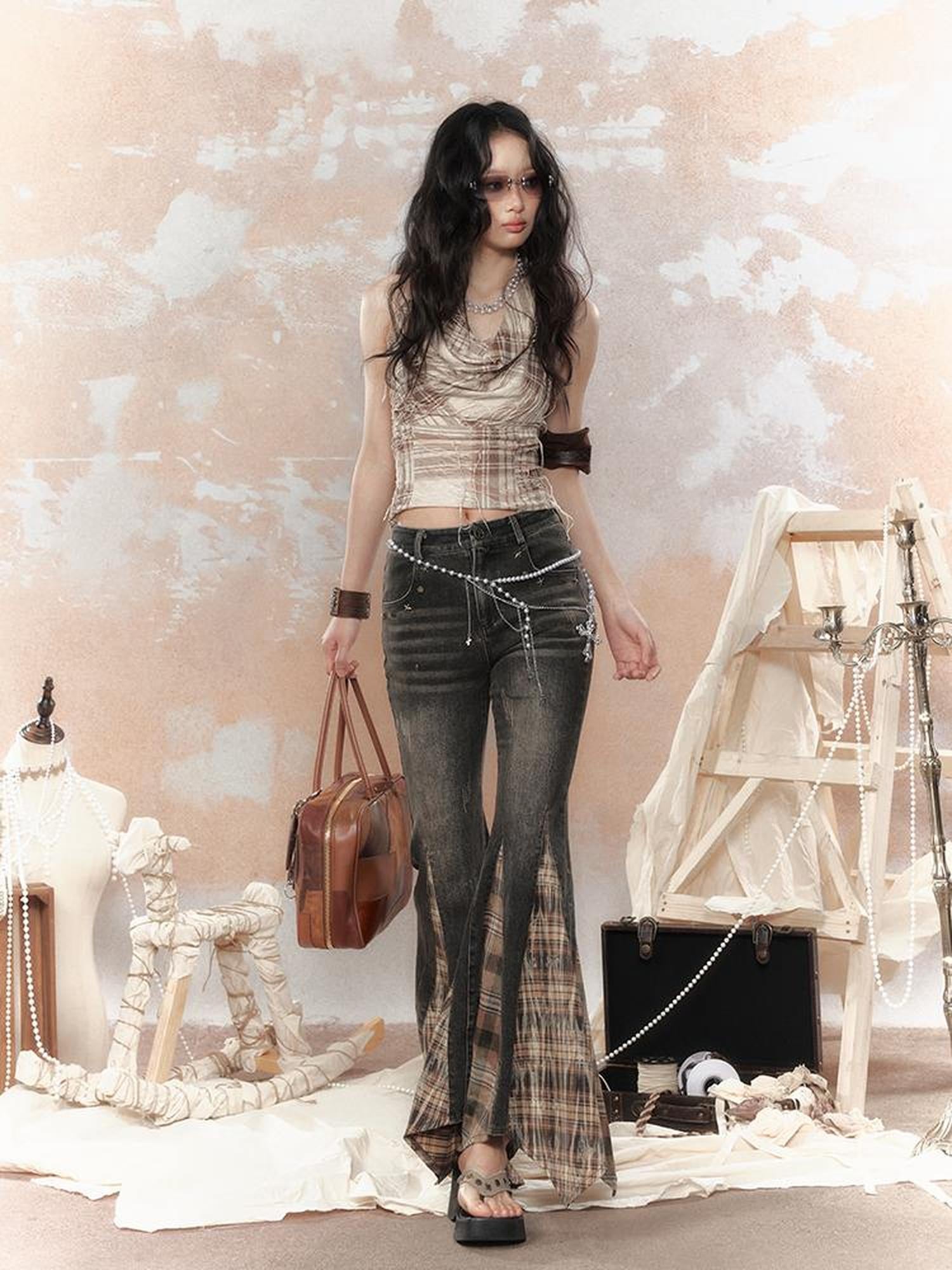 ALL iN plan Steampunk Denim Patchwork Flared Pants
