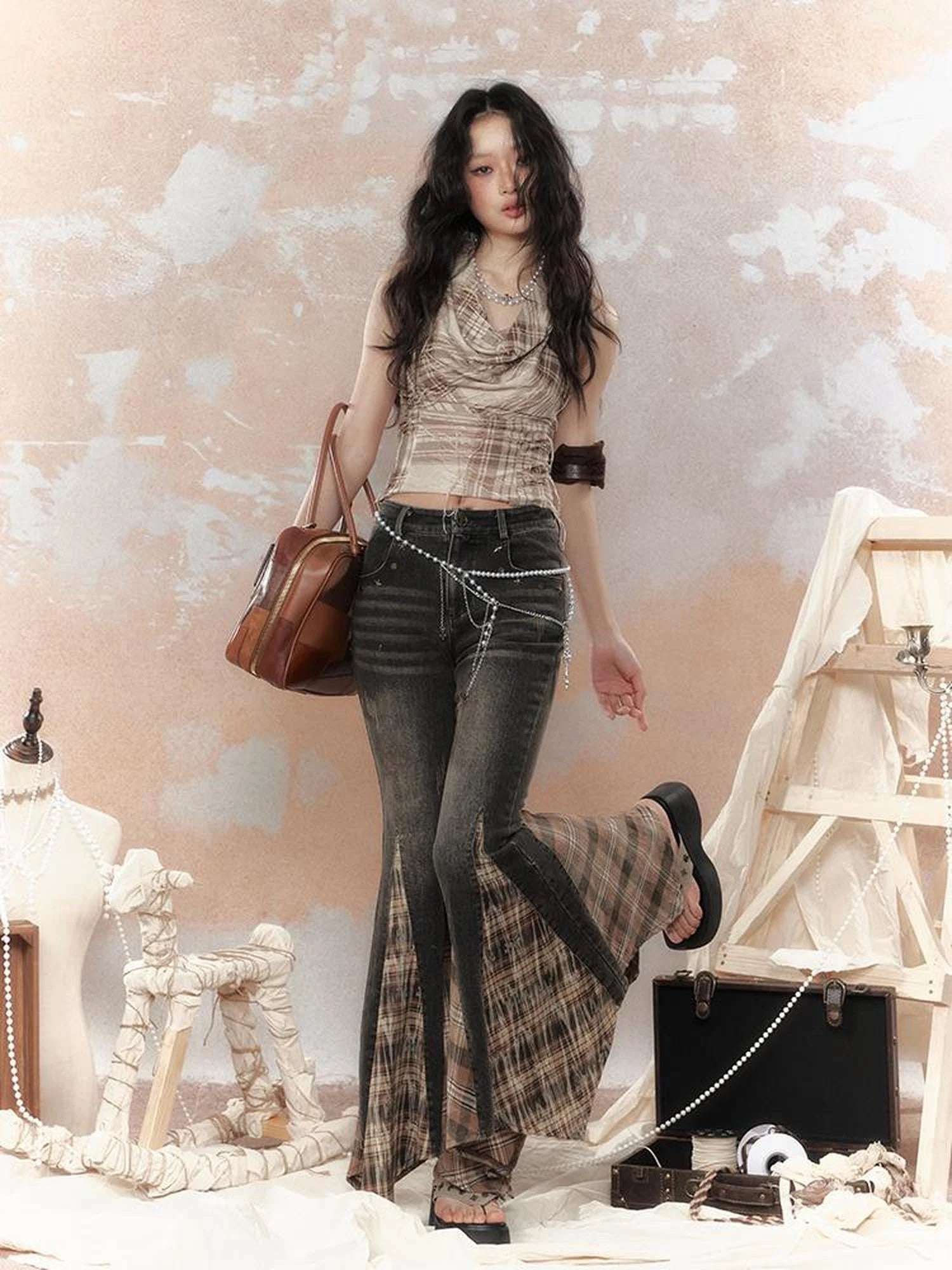 Steampunk Denim Patchwork Flared Pants