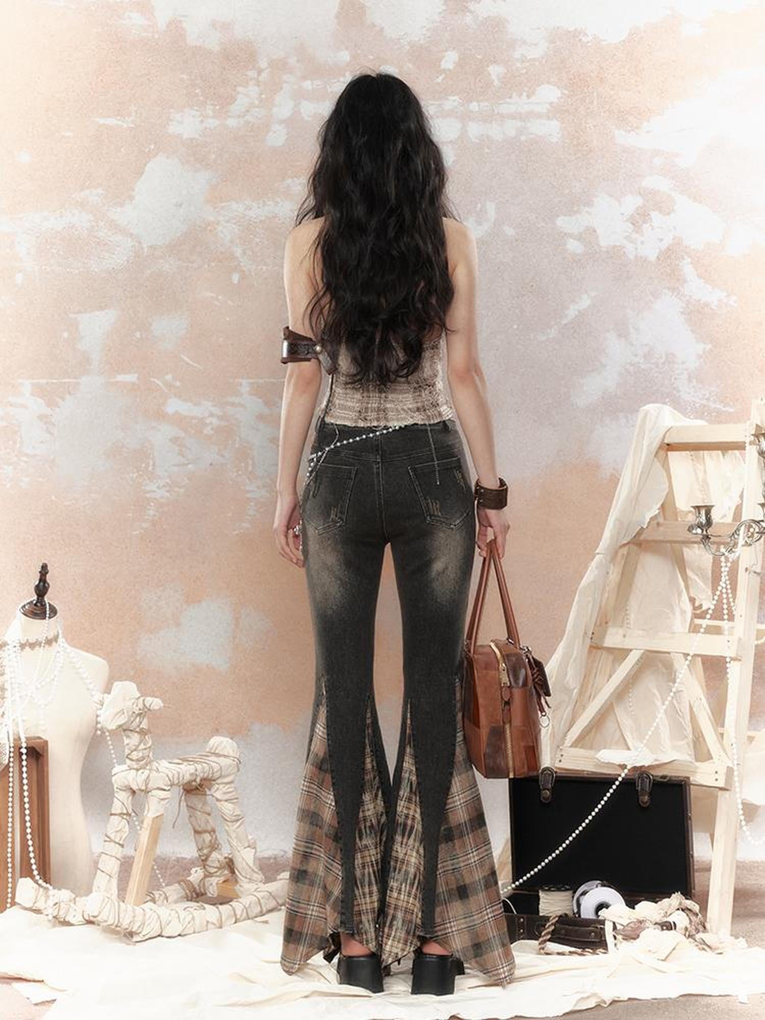 ALL iN plan Steampunk Denim Patchwork Flared Pants