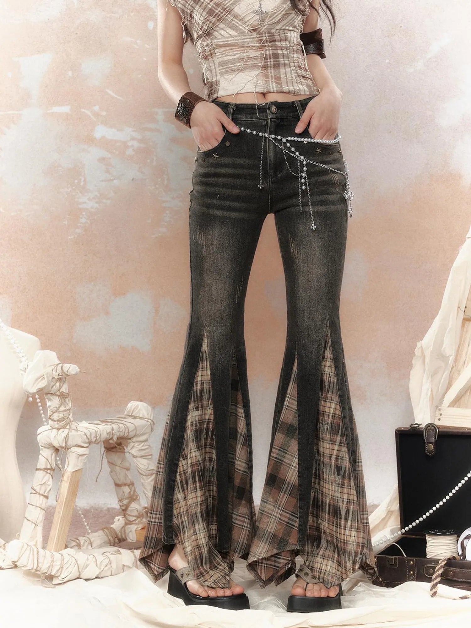 Steampunk Denim Patchwork Flared Pants