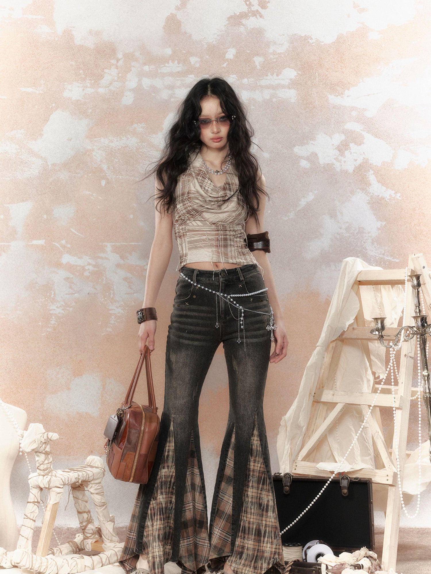 ALL iN plan Steampunk Denim Patchwork Flared Pants