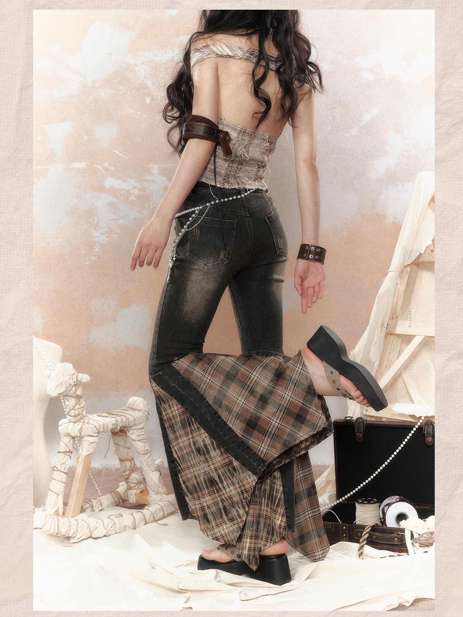 ALL iN plan Steampunk Denim Patchwork Flared Pants