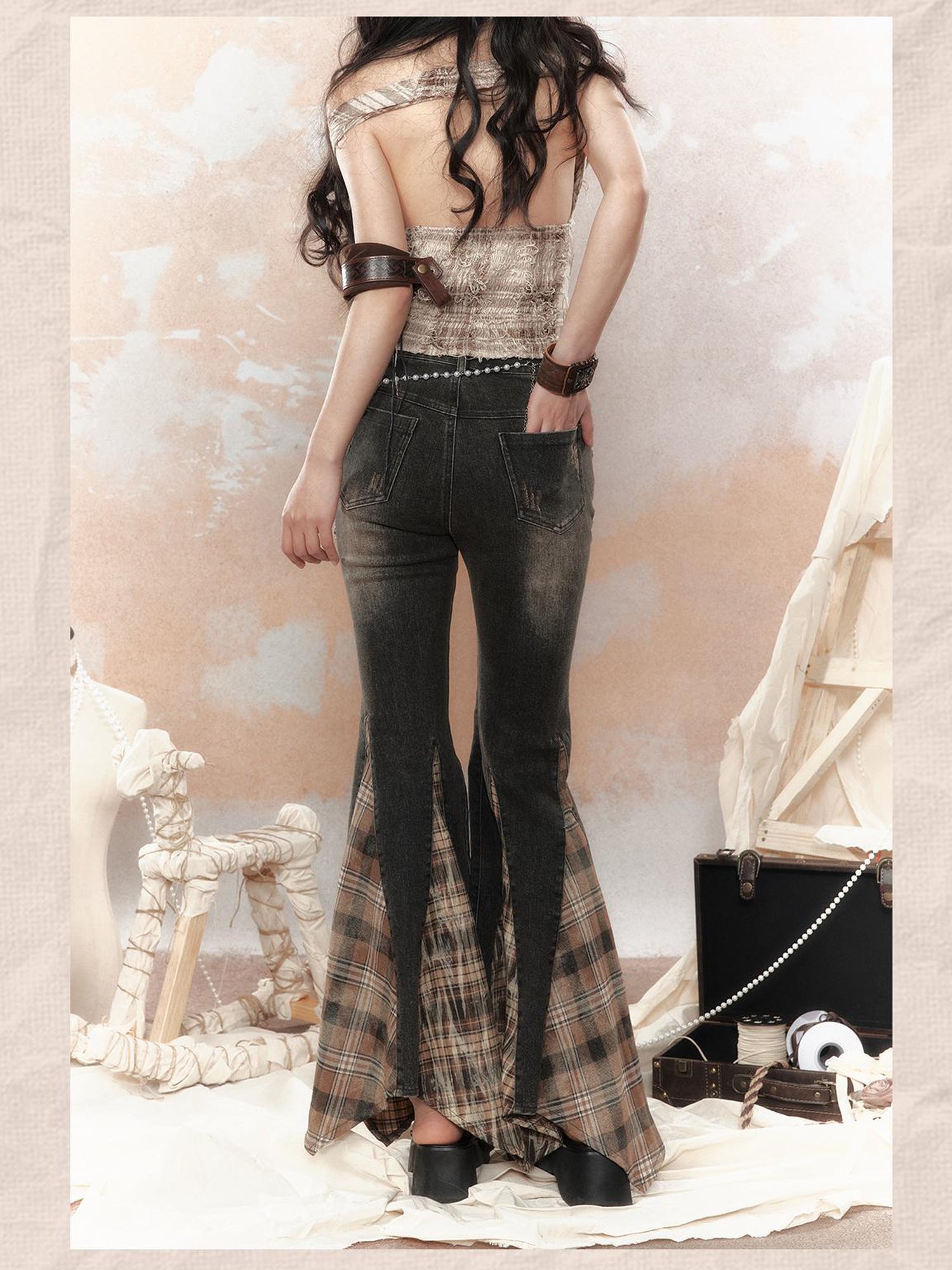 ALL iN plan Steampunk Denim Patchwork Flared Pants