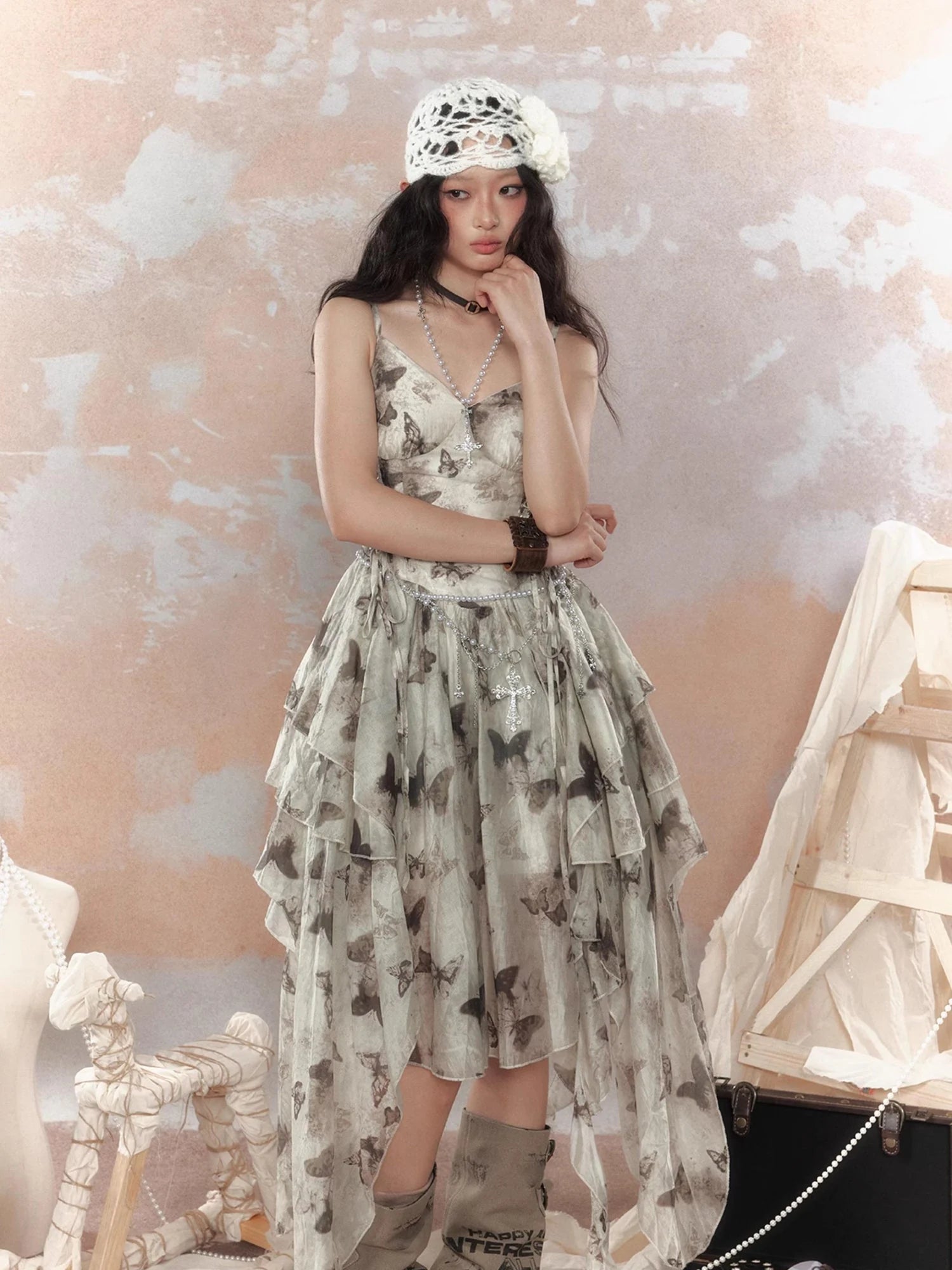 Steampunk Floral Lace Up Asymmetrical Layered Ruffle Dress