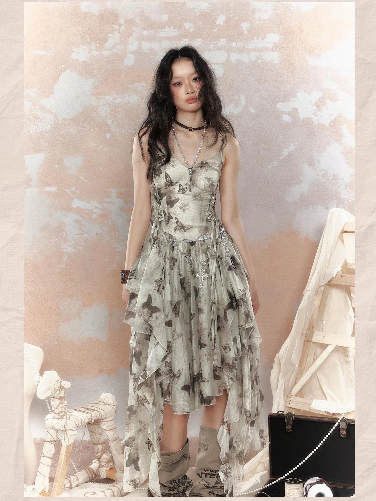Steampunk Floral Lace Up Asymmetrical Layered Ruffle Dress
