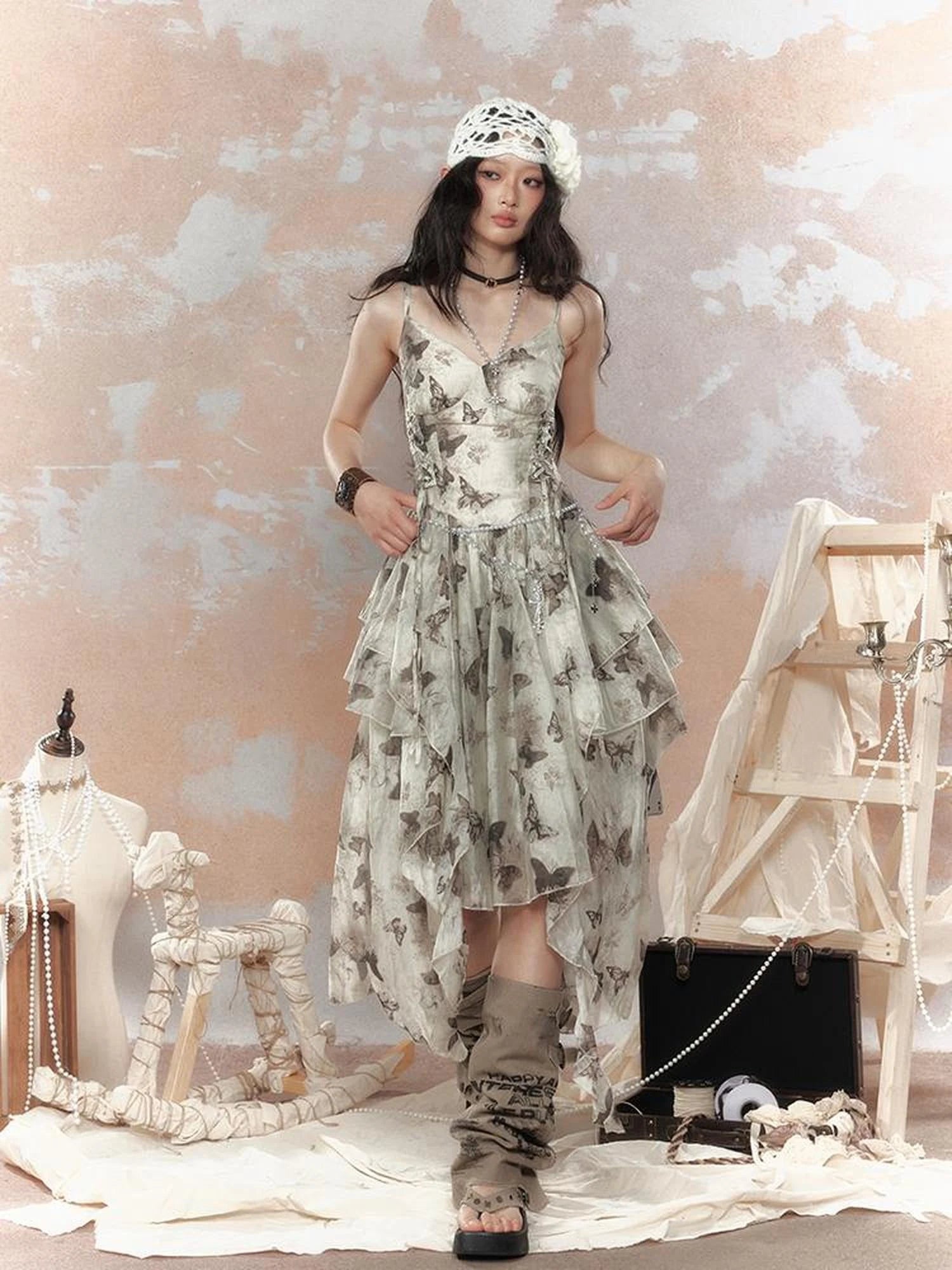 Steampunk Floral Lace Up Asymmetrical Layered Ruffle Dress