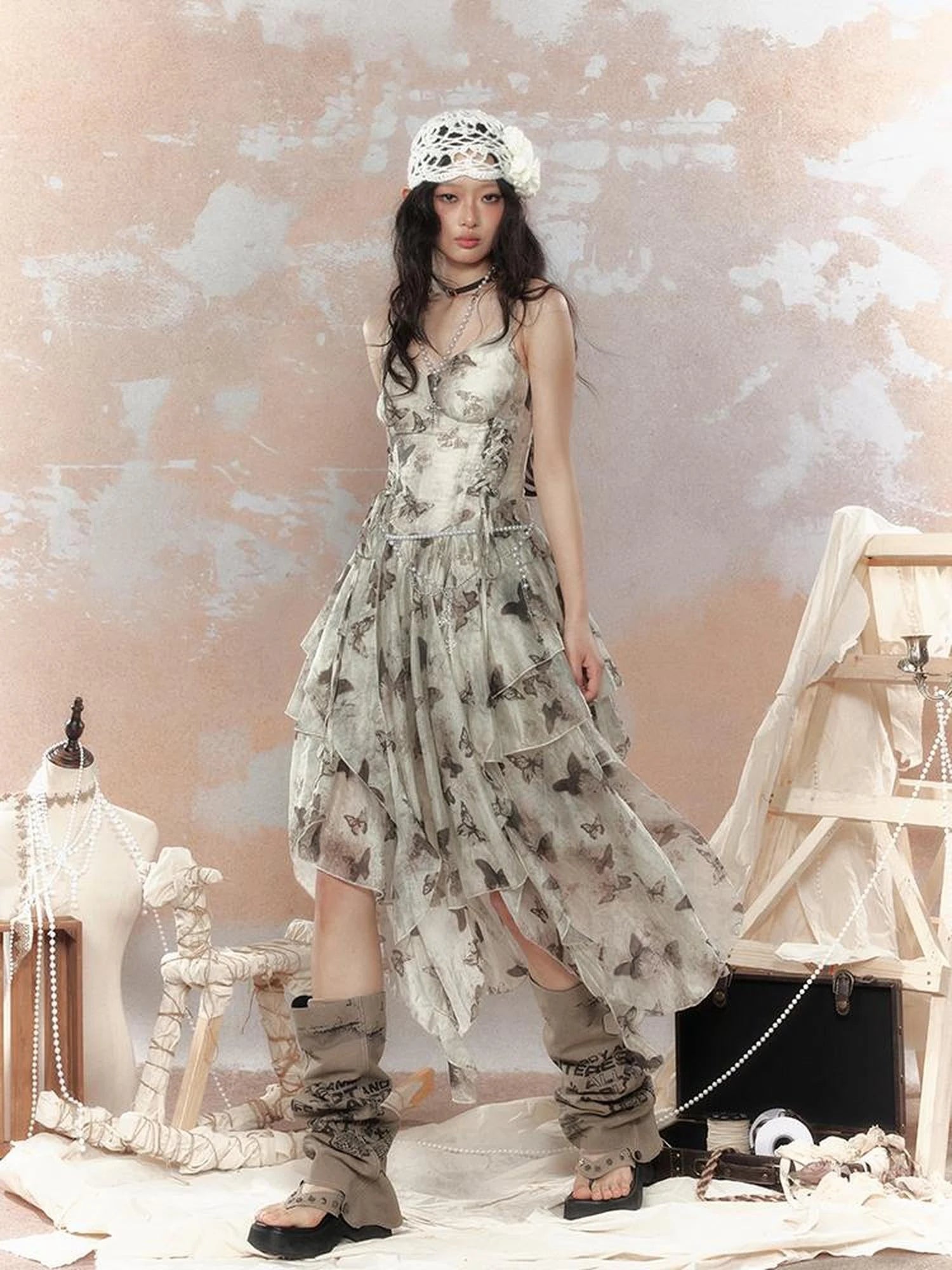 Steampunk Floral Lace Up Asymmetrical Layered Ruffle Dress