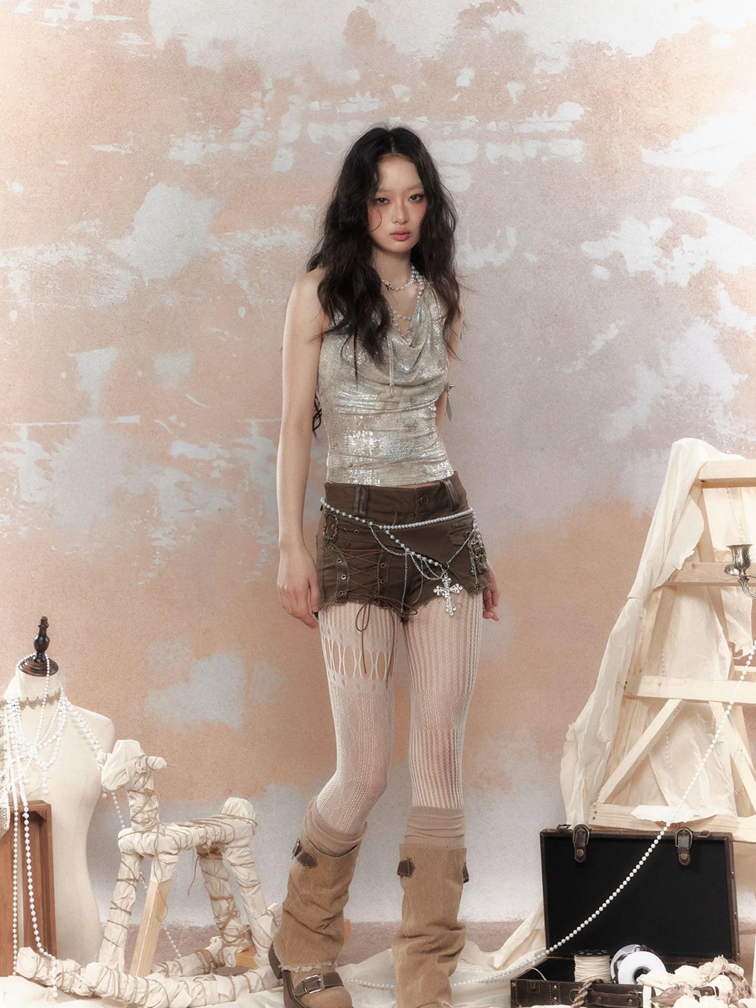 Steampunk Glitter Glitch Halter Top V Neck T Shirt Long Sleeve