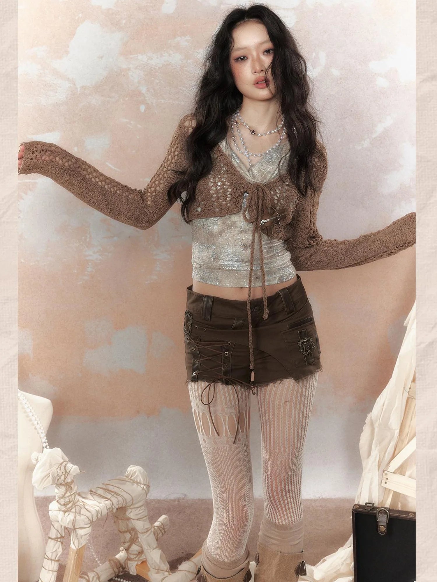 Steampunk Glitter Glitch Halter Top V Neck T Shirt Long Sleeve