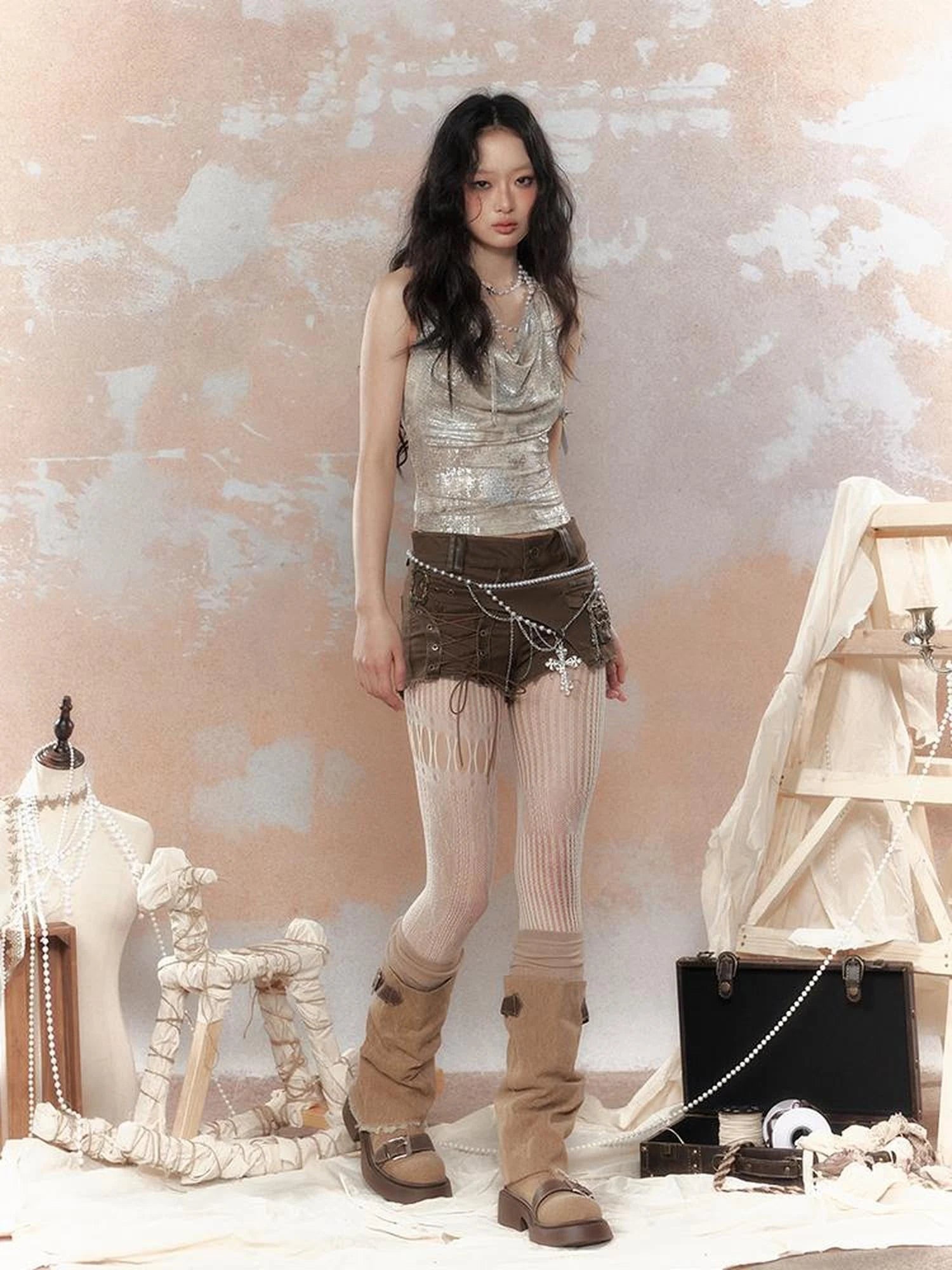 Steampunk Glitter Glitch Halter Top V Neck T Shirt Long Sleeve