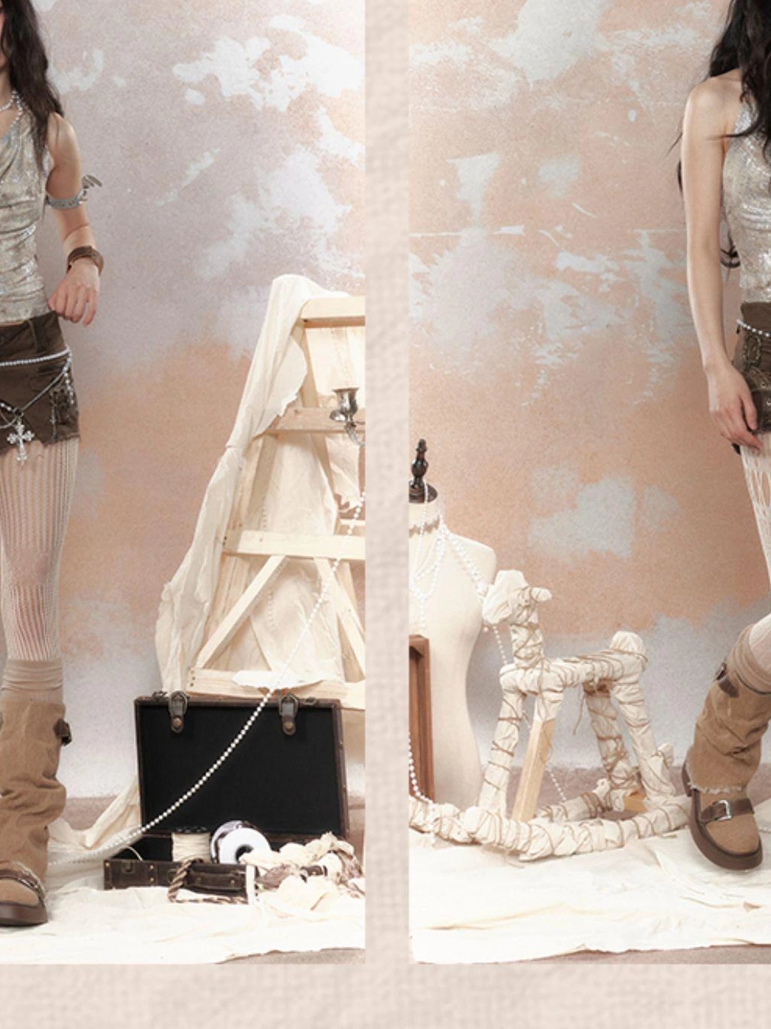 Steampunk Glitter Glitch Halter Top V Neck T Shirt Long Sleeve