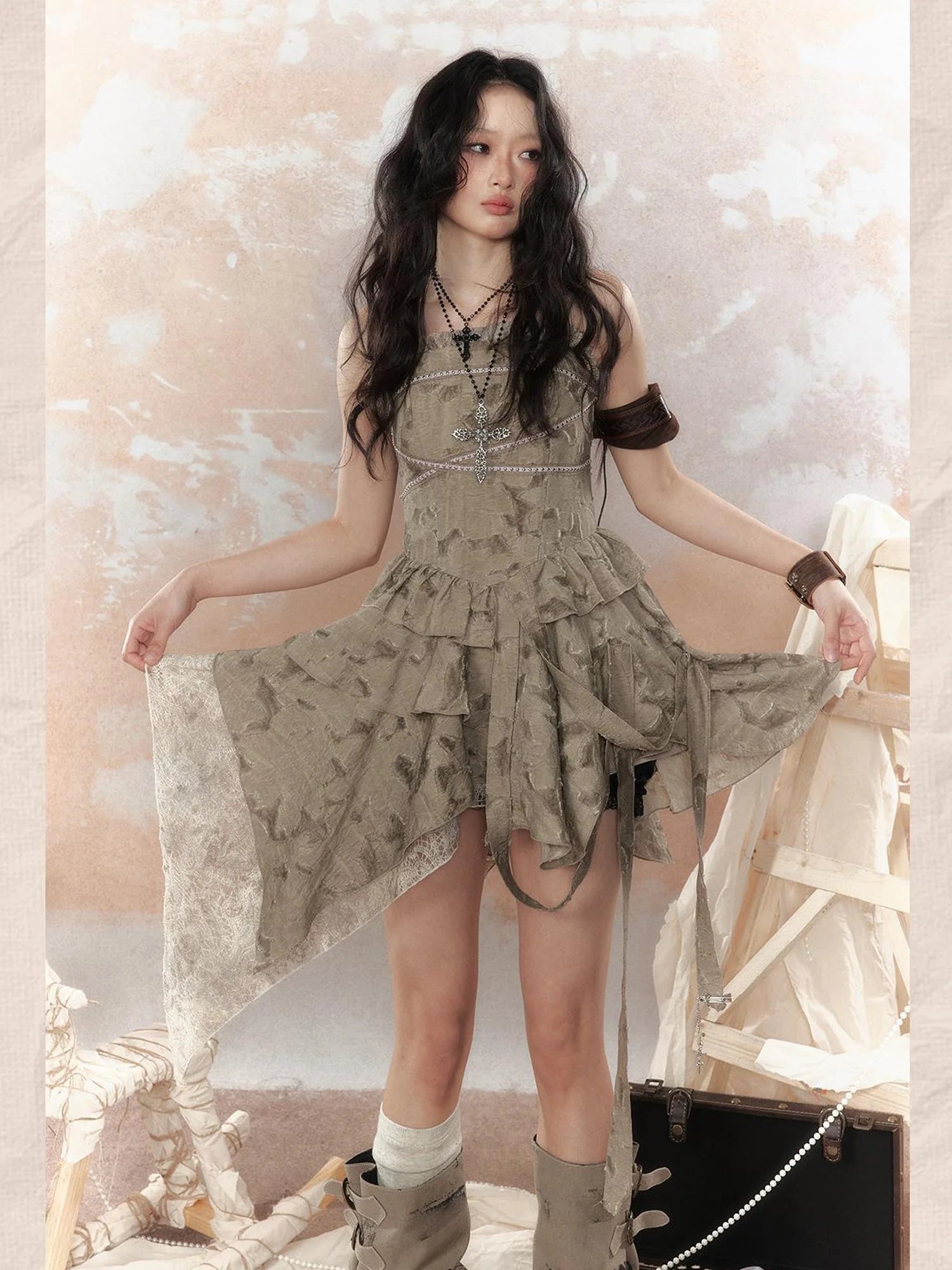 Steampunk Lace Asymmetric Mini Dress V Neck T Shirt Long Sleeve