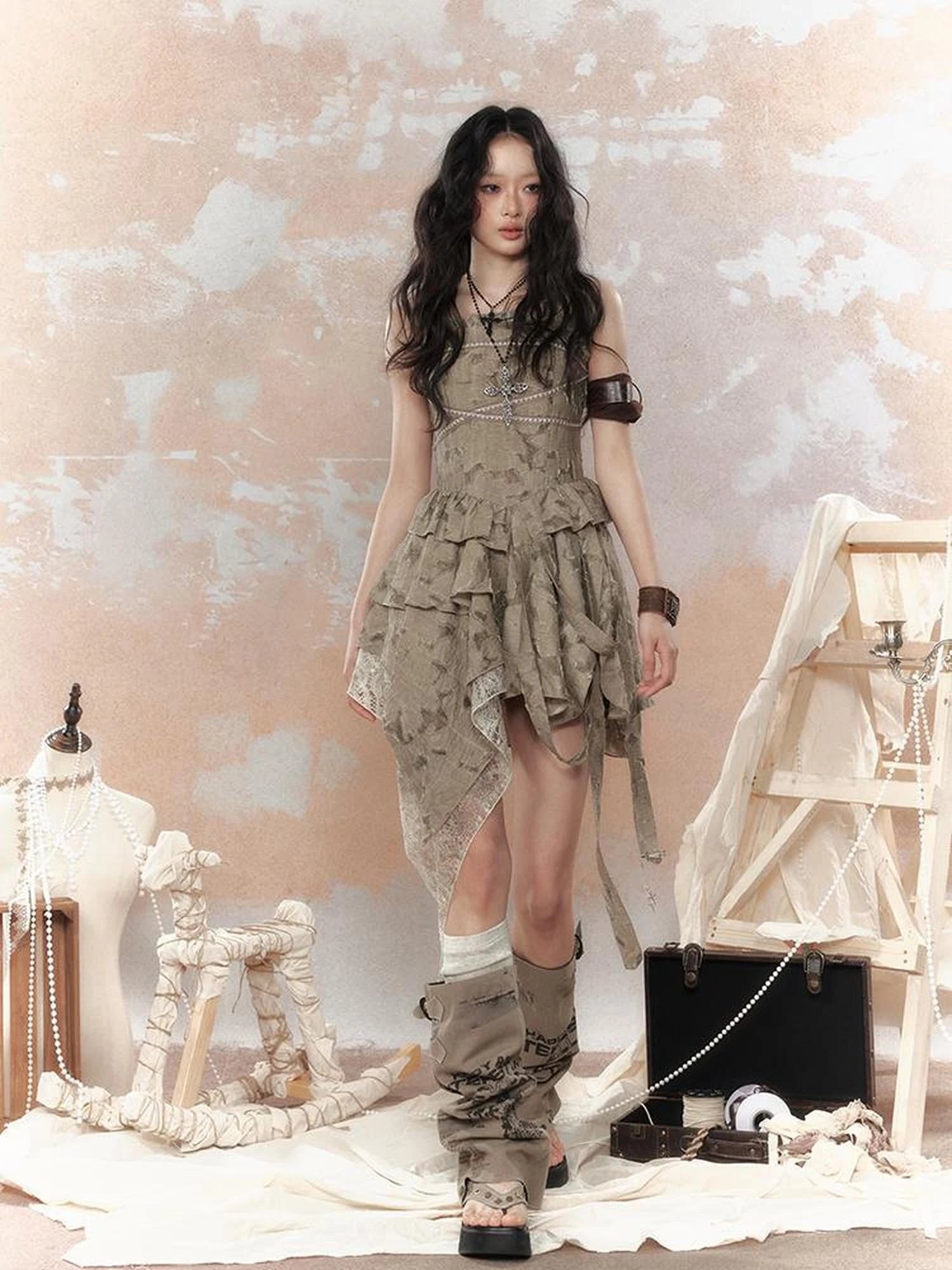 Steampunk Lace Asymmetric Mini Dress V Neck T Shirt Long Sleeve