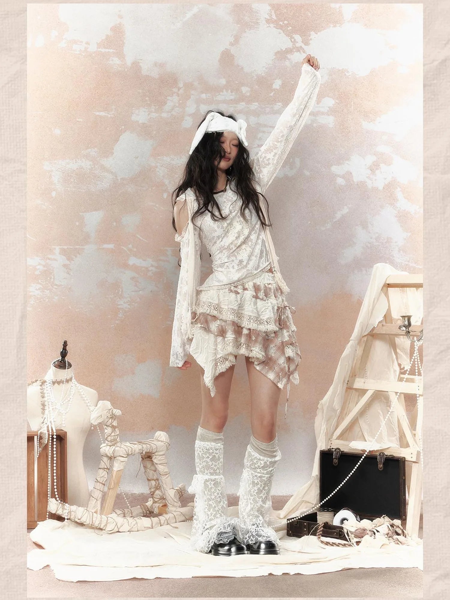 Steampunk Lace Print Hooded Top V Neck T Shirt Long Sleeve