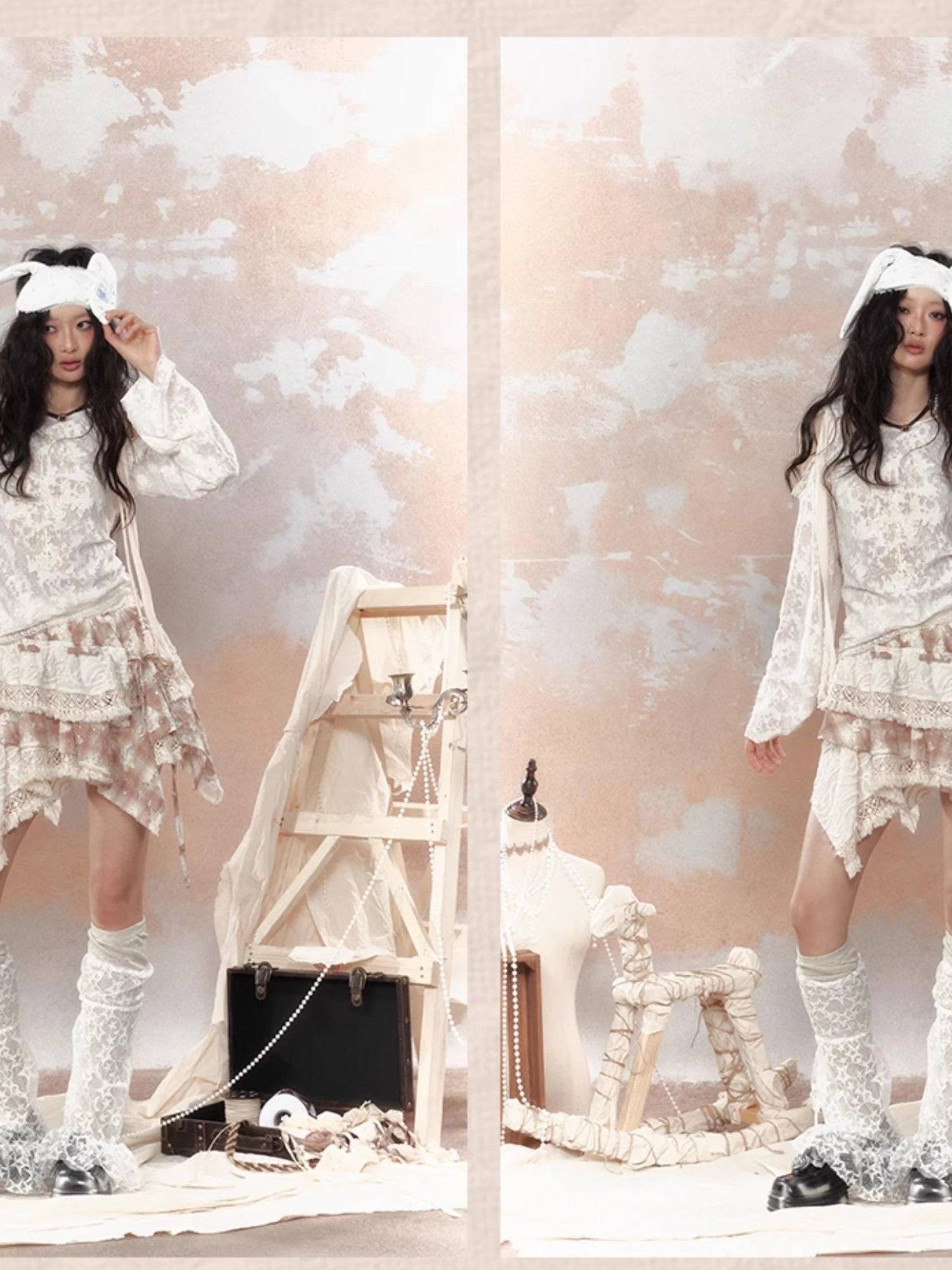 Steampunk Lace Print Hooded Top V Neck T Shirt Long Sleeve