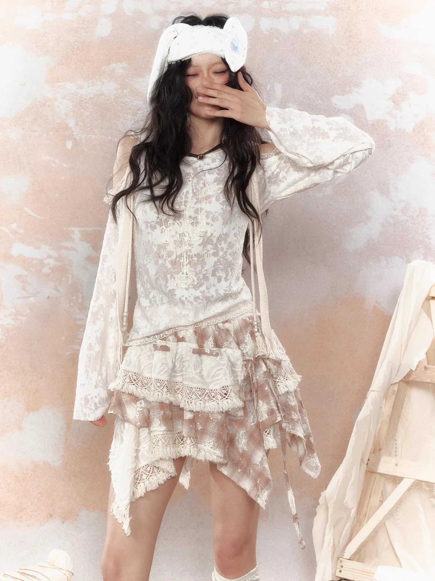 Steampunk Lace Print Hooded Top V Neck T Shirt Long Sleeve