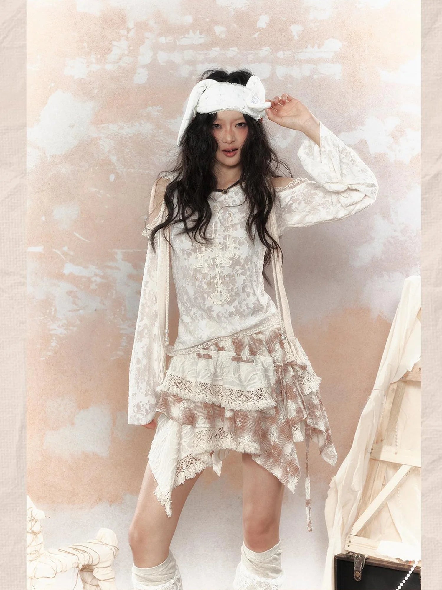 Steampunk Lace Print Hooded Top V Neck T Shirt Long Sleeve