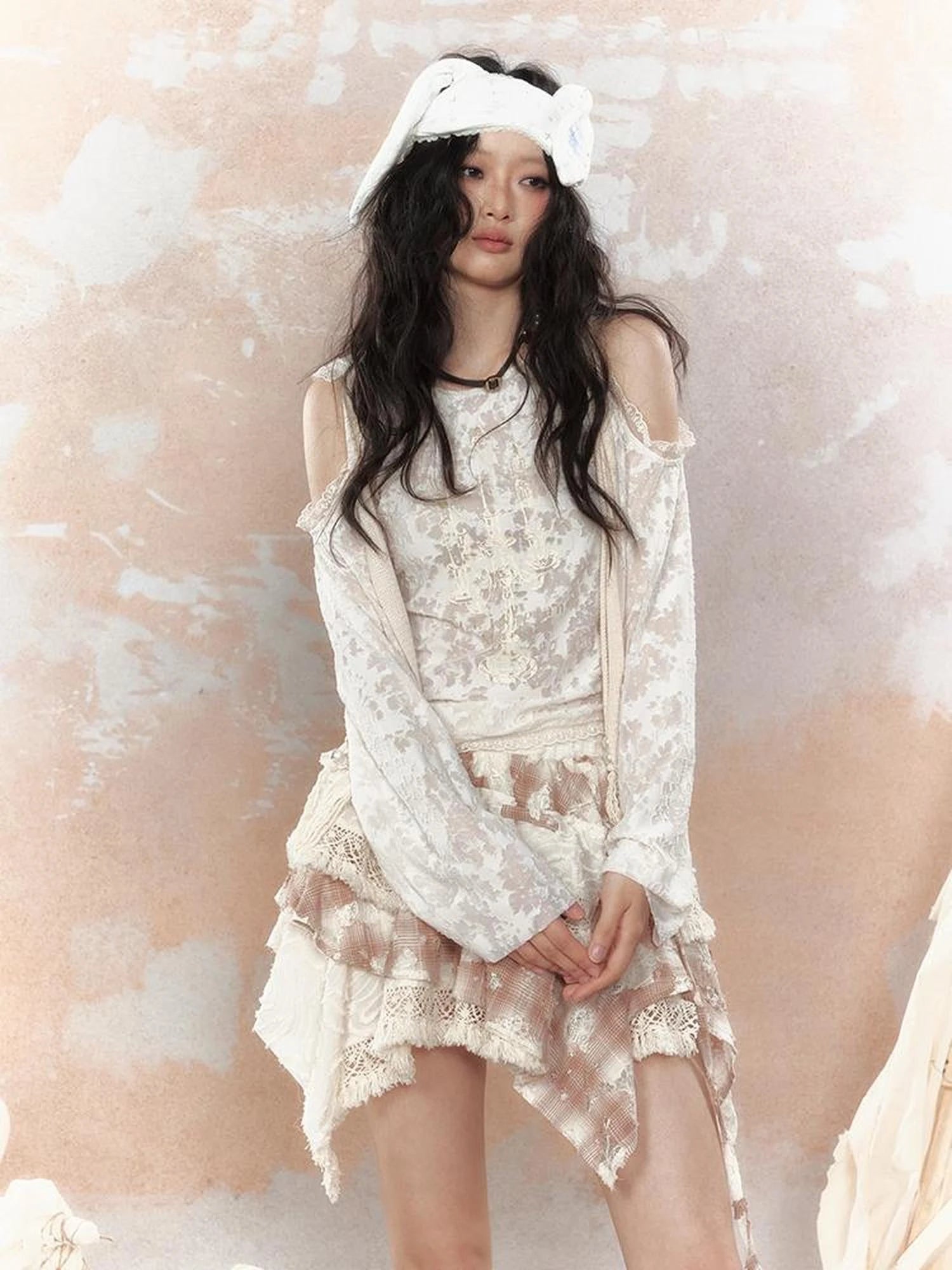 Steampunk Lace Print Hooded Top V Neck T Shirt Long Sleeve