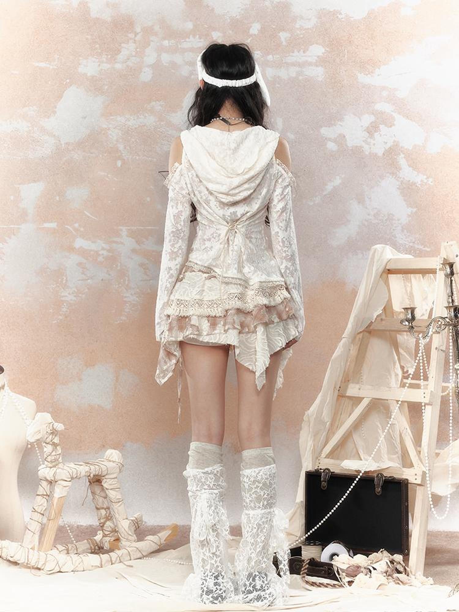 ALL iN plan Steampunk Lace Print Hooded Top V Neck T Shirt Long Sleeve