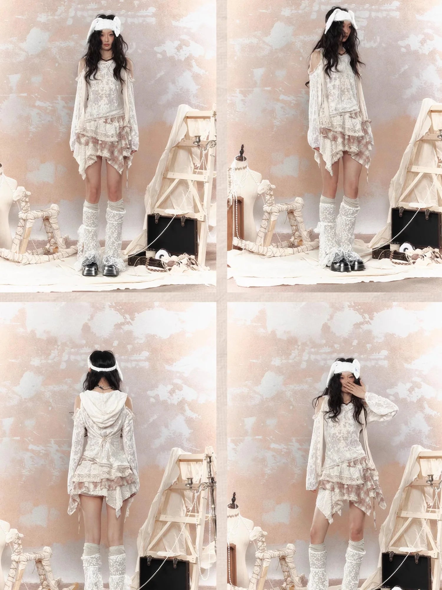 Steampunk Lace Print Hooded Top V Neck T Shirt Long Sleeve