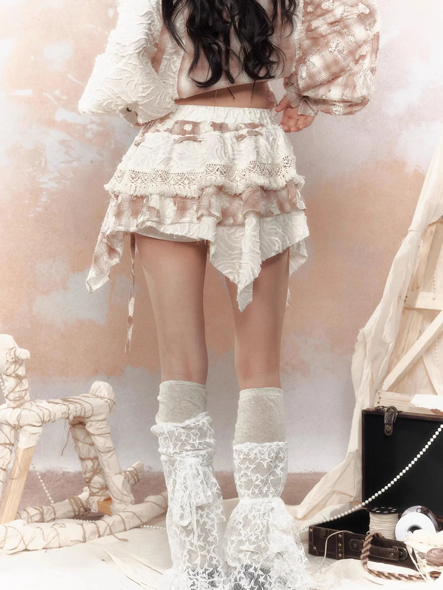 Steampunk Lace Up Plaid Mini Skirt With Asymmetrical Cutouts