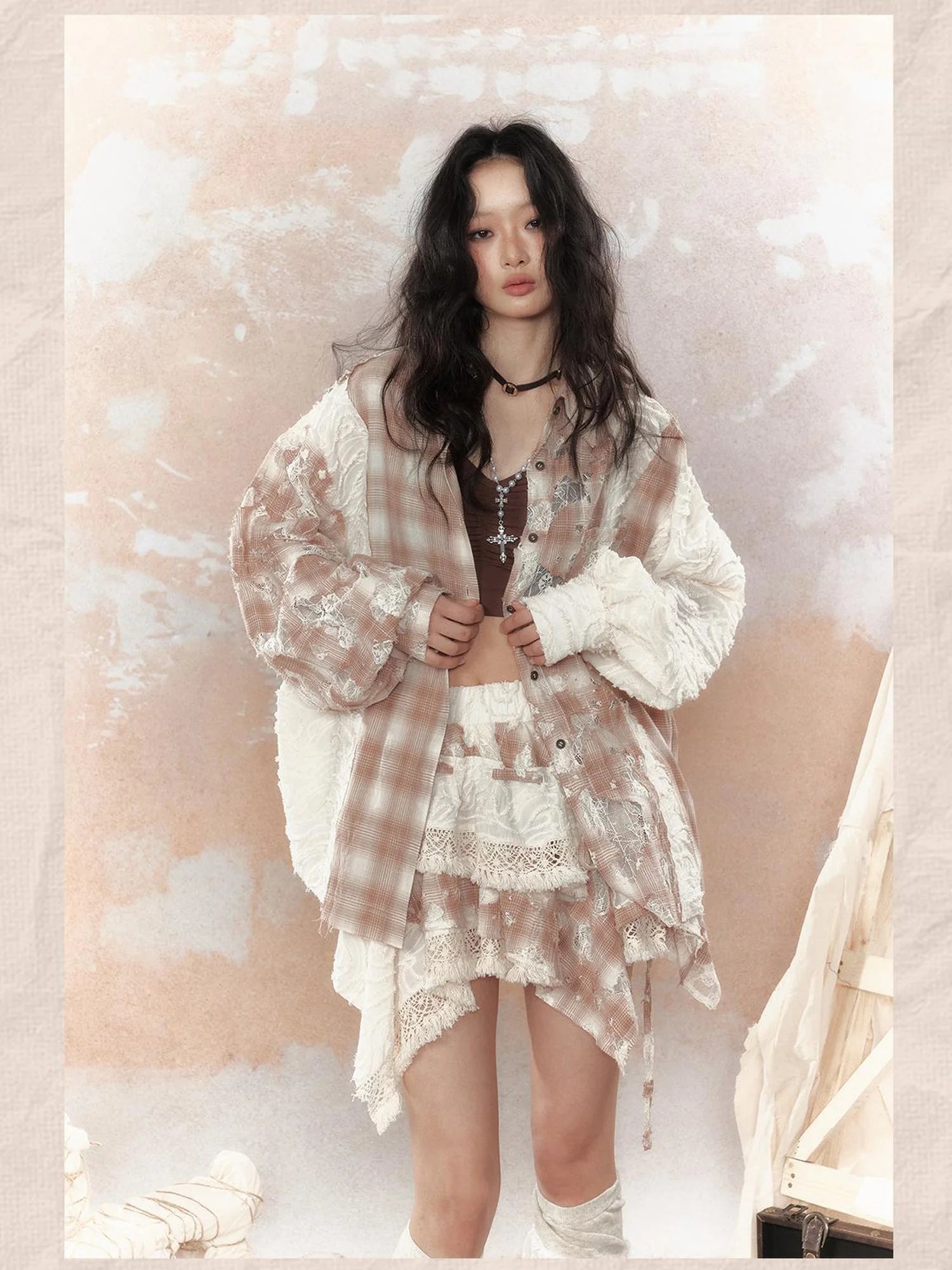 Steampunk Lace Up Plaid Mini Skirt With Asymmetrical Cutouts