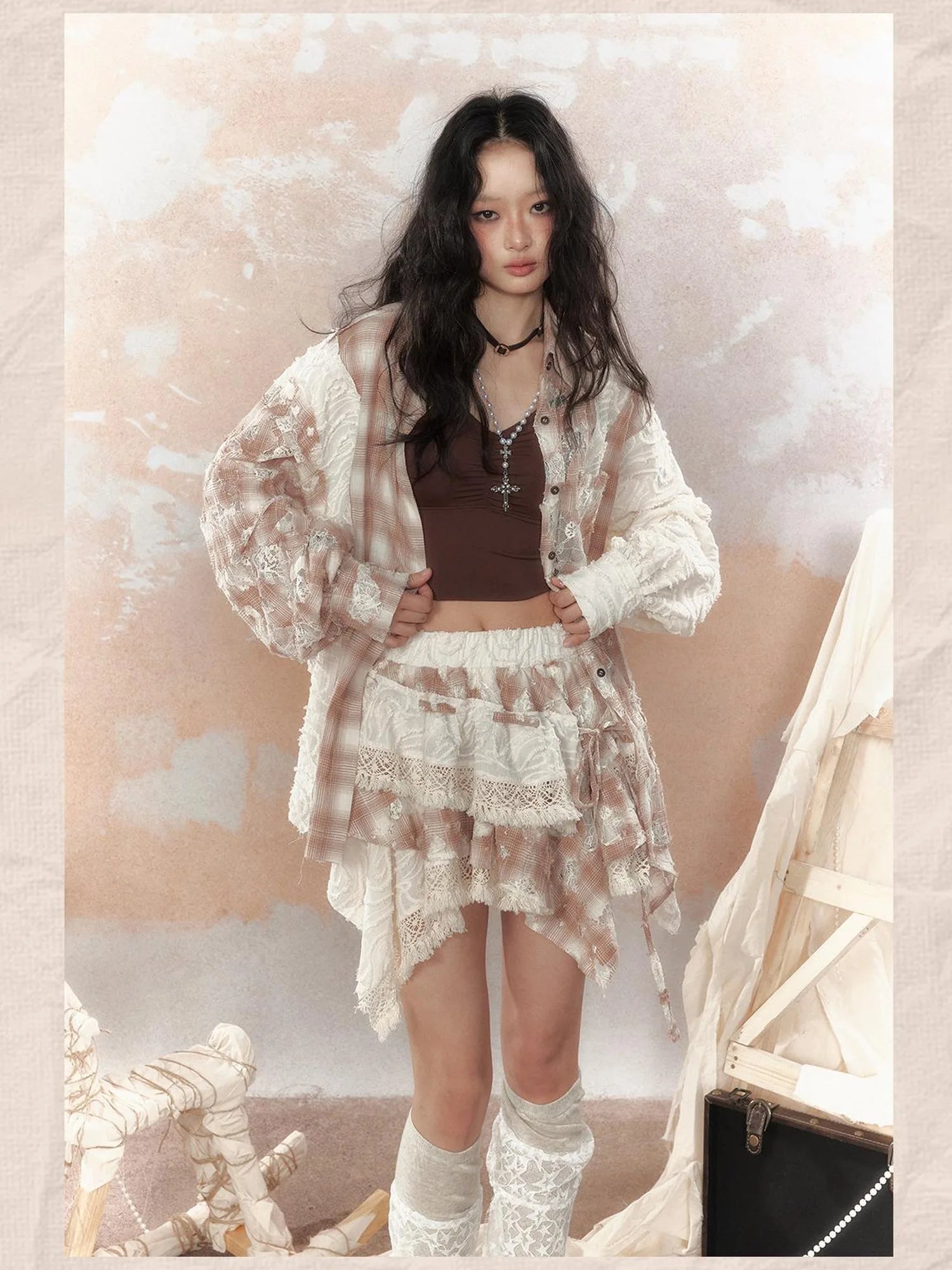 Steampunk Lace Up Plaid Mini Skirt With Asymmetrical Cutouts