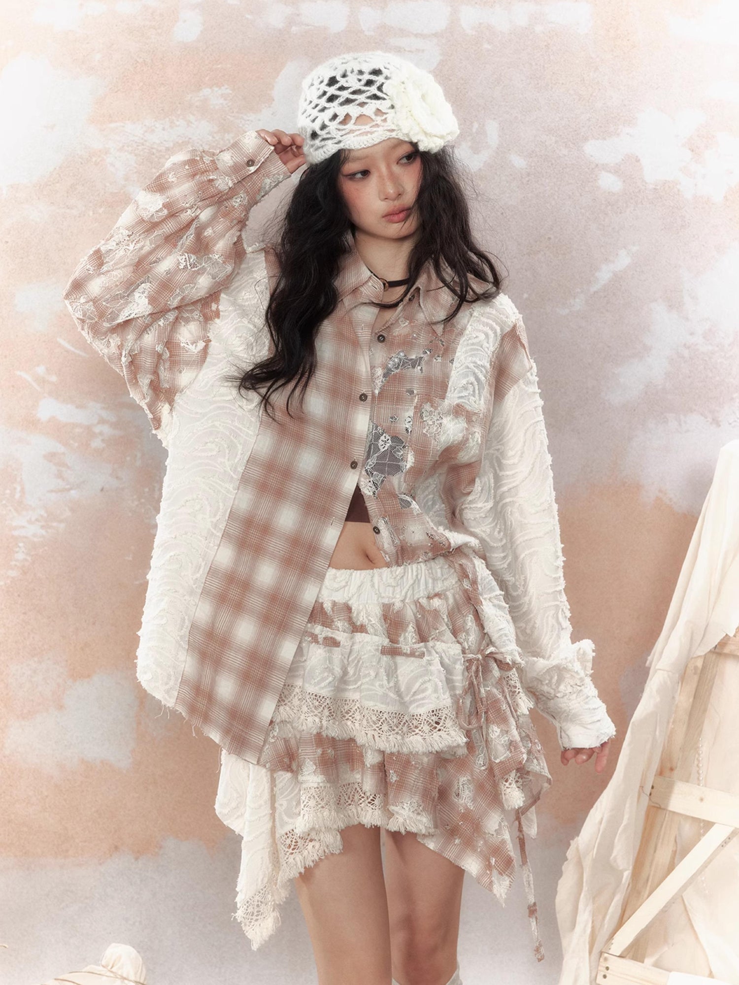 ALL iN plan Steampunk Lace Up Plaid Mini Skirt With Asymmetrical Cutouts