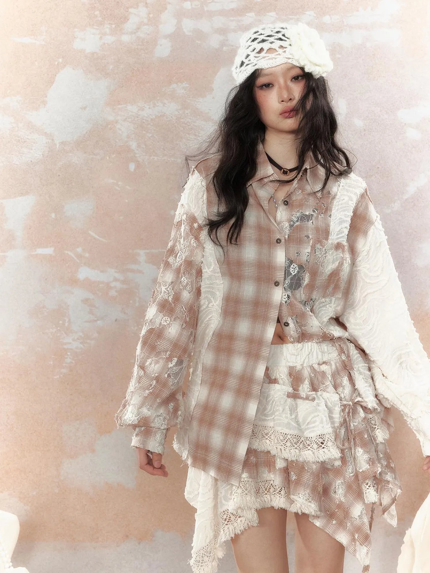 Steampunk Lace Up Plaid Mini Skirt With Asymmetrical Cutouts