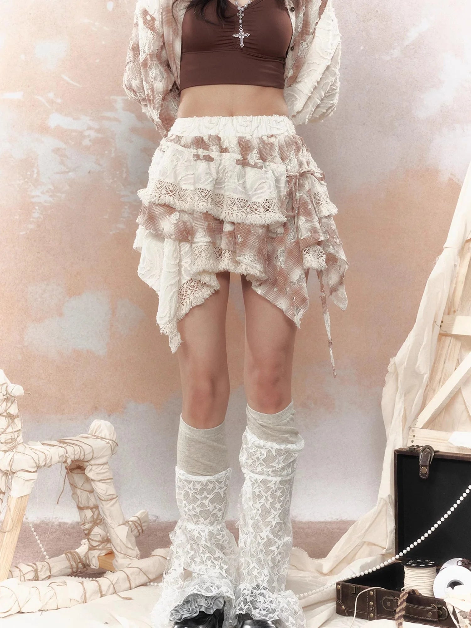 Steampunk Lace Up Plaid Mini Skirt With Asymmetrical Cutouts