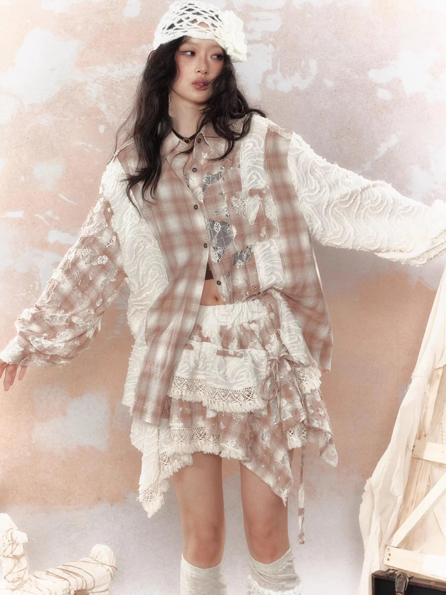 Steampunk Lace Up Plaid Mini Skirt With Asymmetrical Cutouts