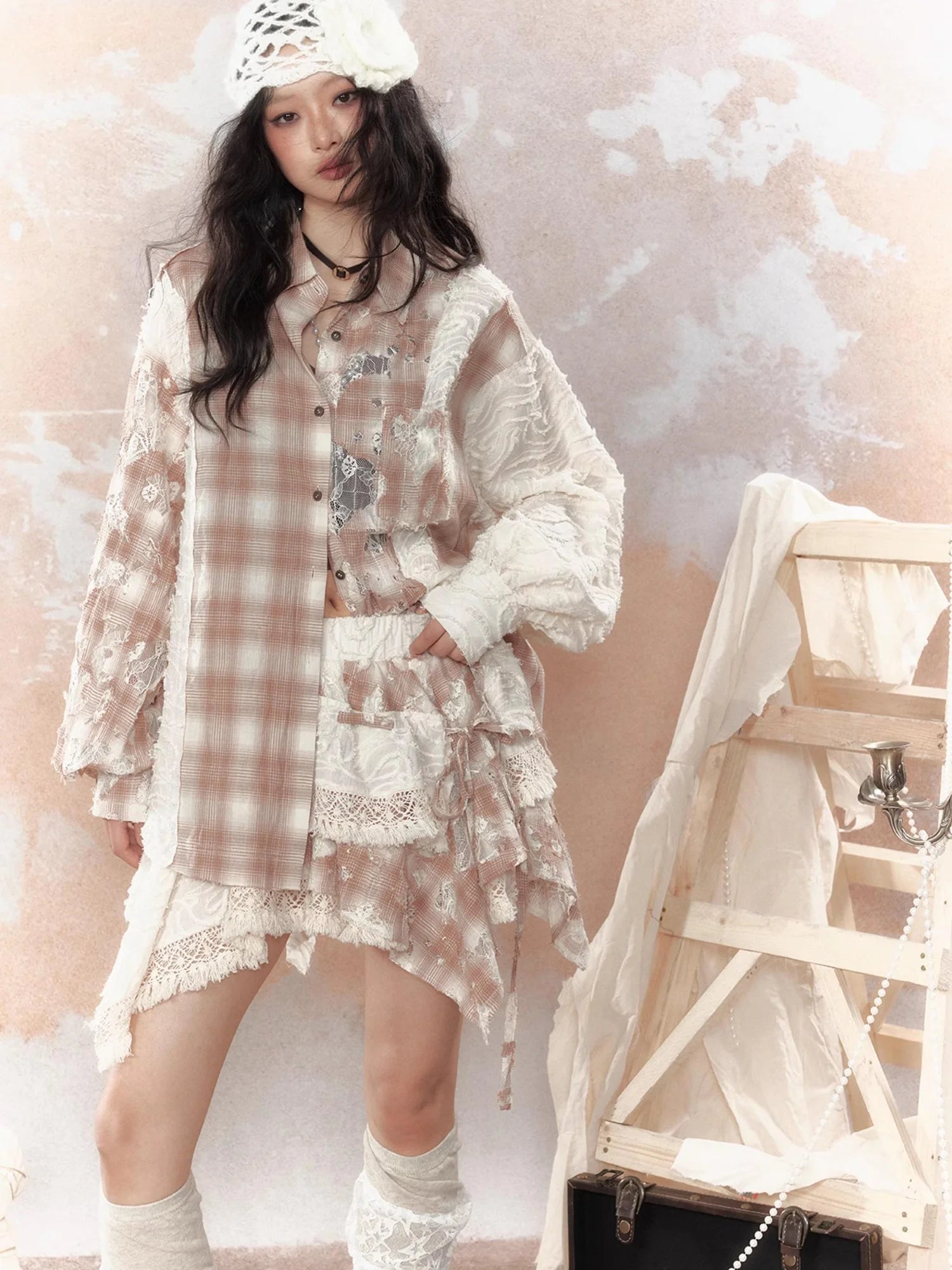 Steampunk Lace Up Plaid Mini Skirt With Asymmetrical Cutouts