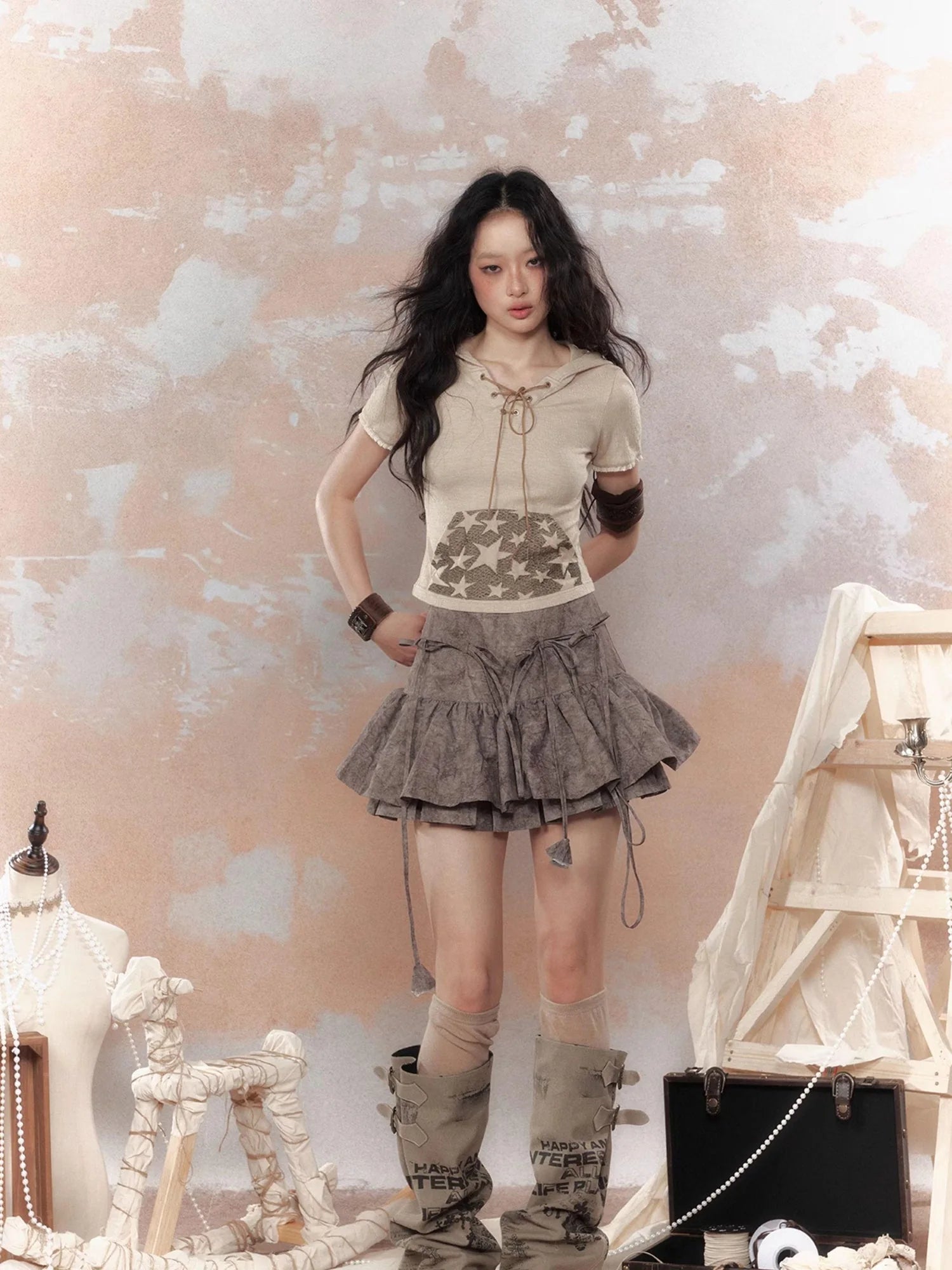 Steampunk Rivet Skirt Distressed Lace Hem