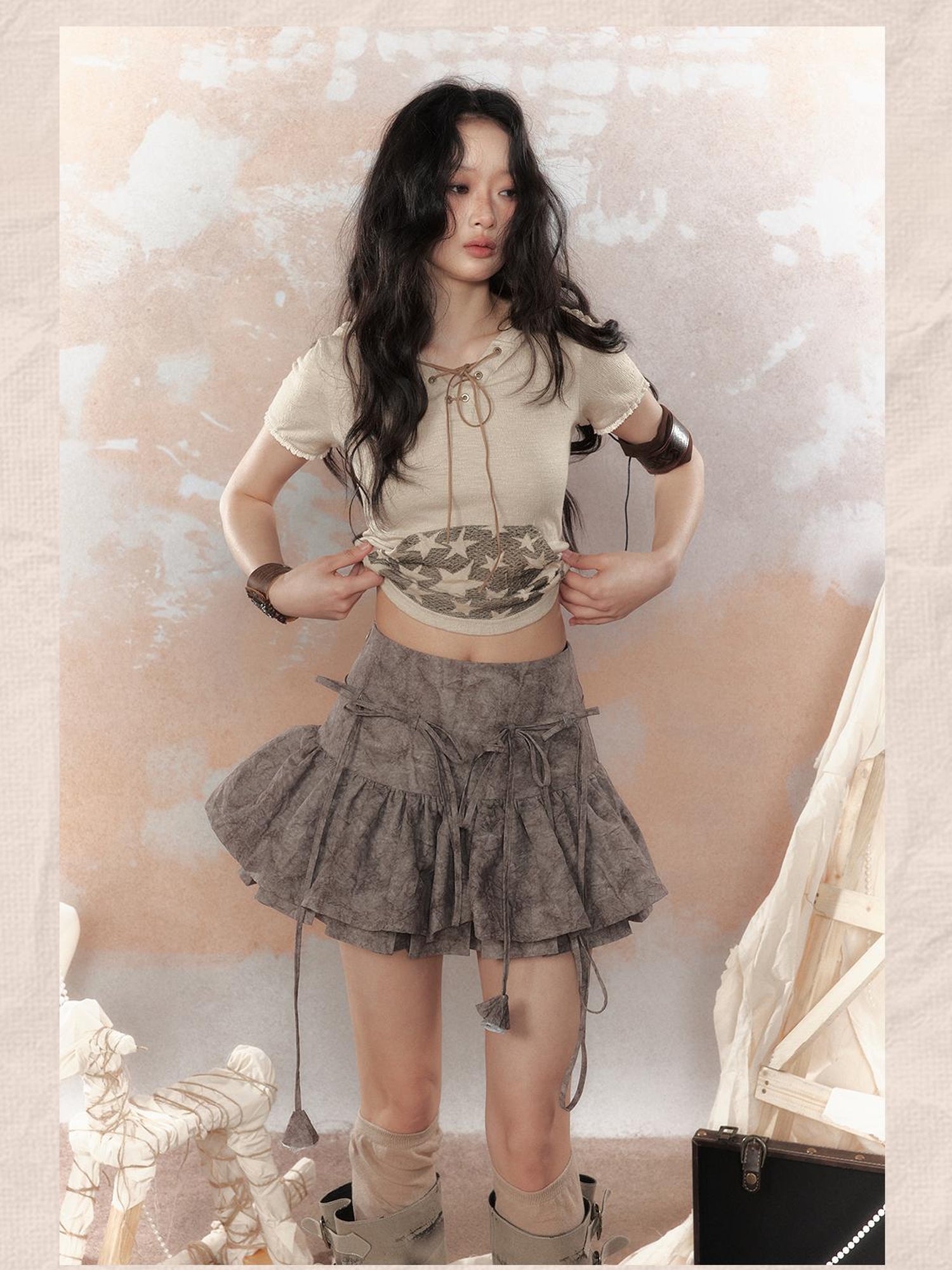 ALL iN plan Steampunk Rivet Skirt Distressed Lace Hem