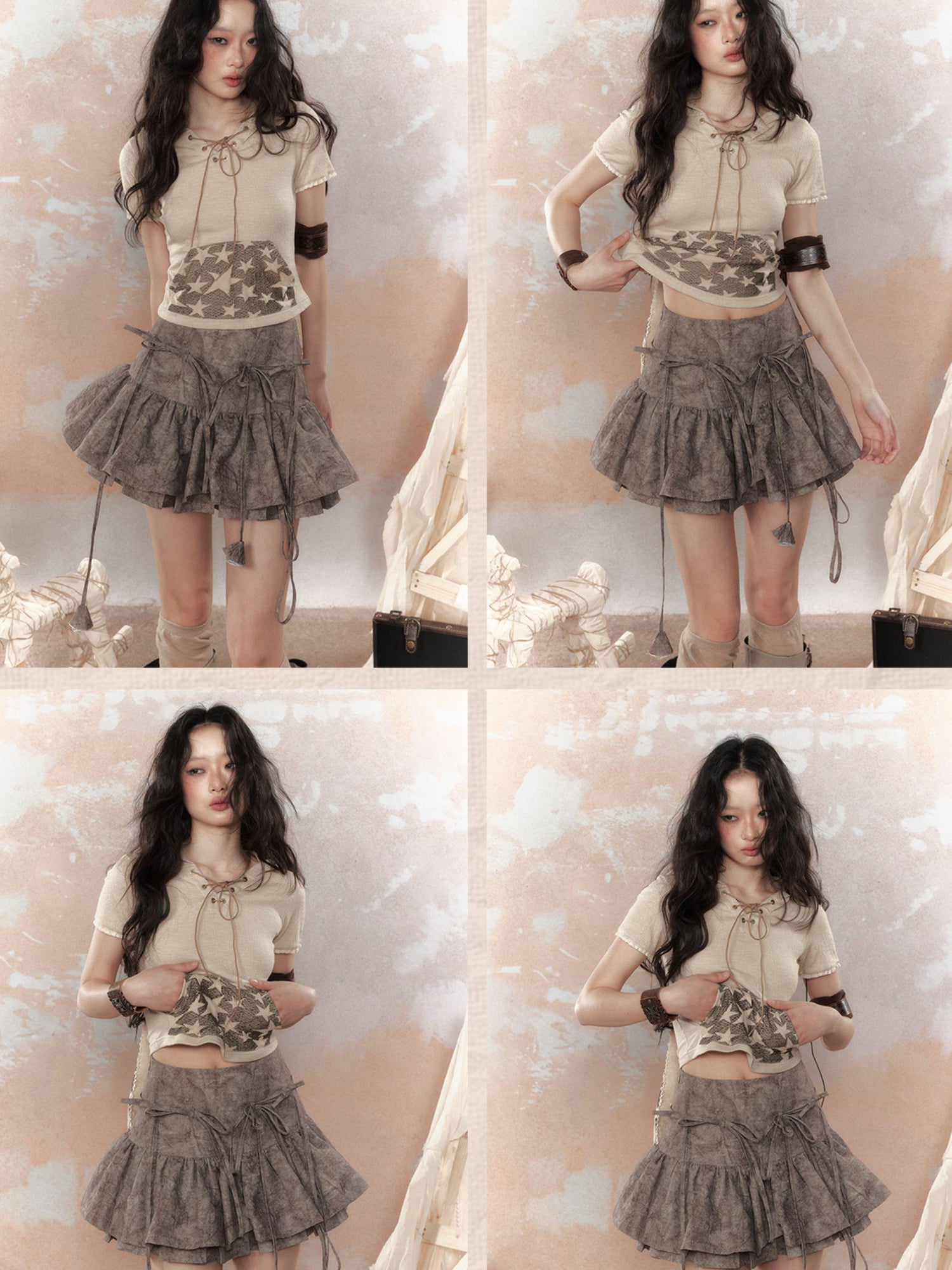ALL iN plan Steampunk Rivet Skirt Distressed Lace Hem