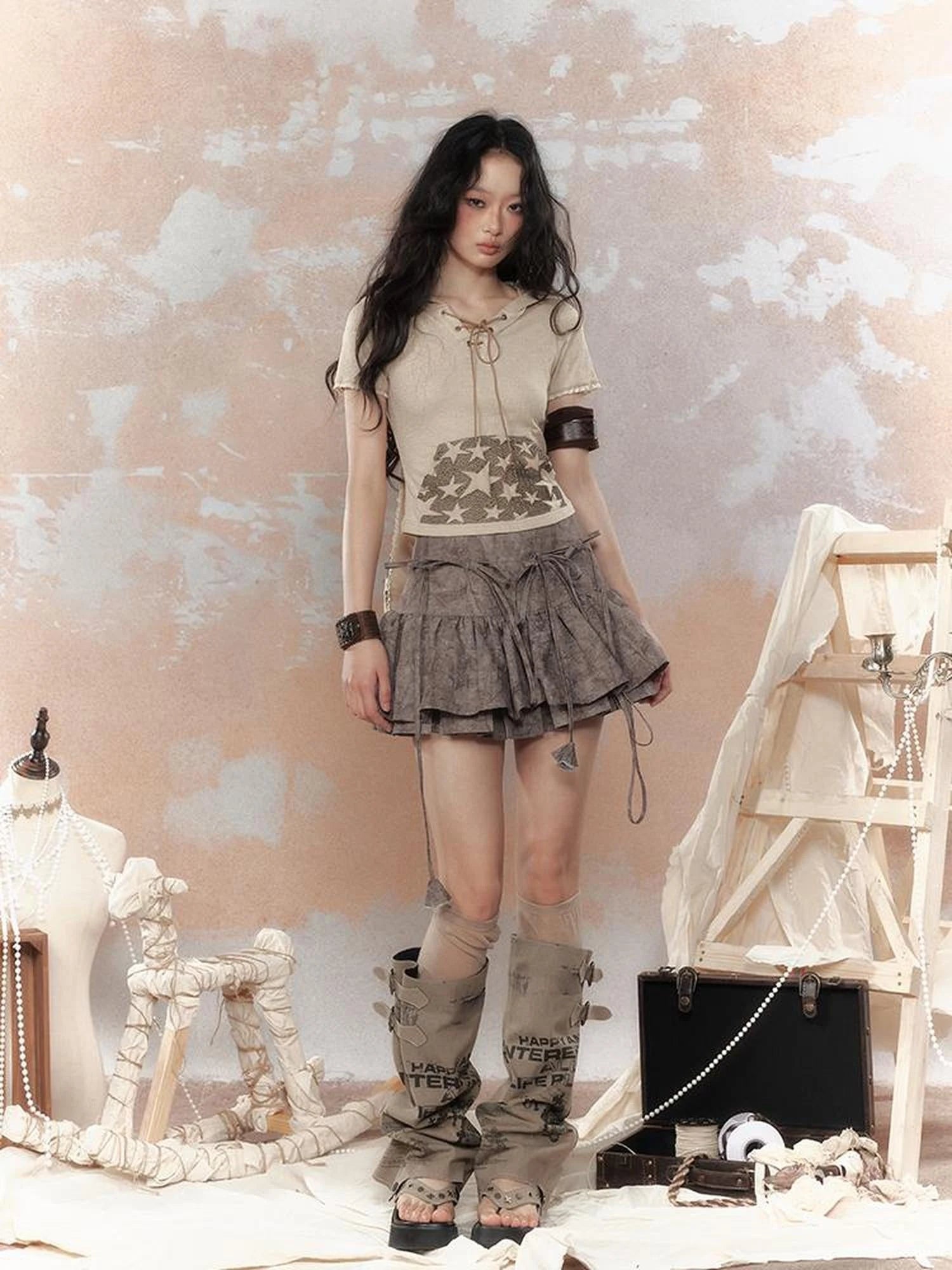 Steampunk Rivet Skirt Distressed Lace Hem