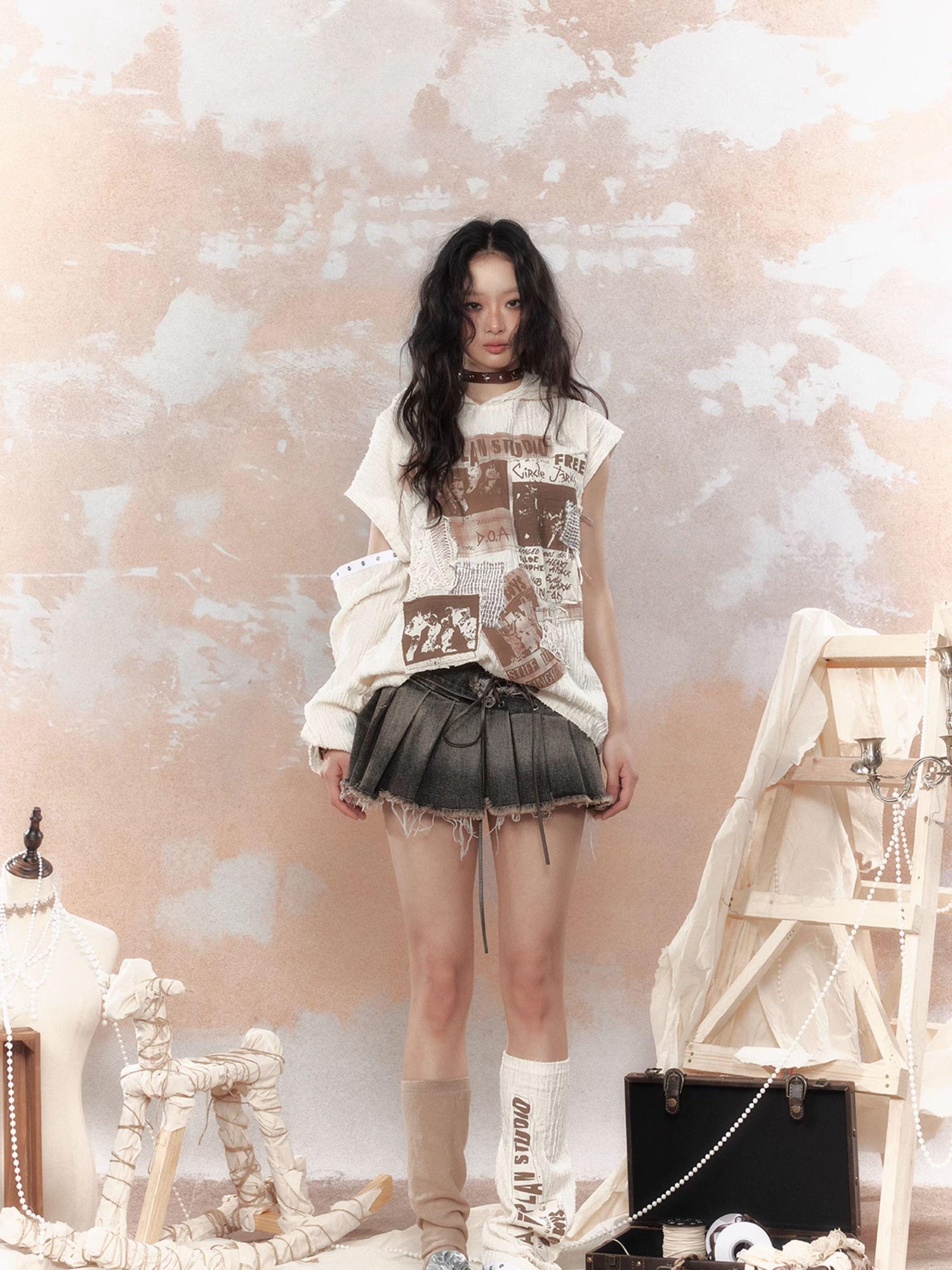 ALL iN plan Steampunk Rivet Studded Denim Mini Skirt