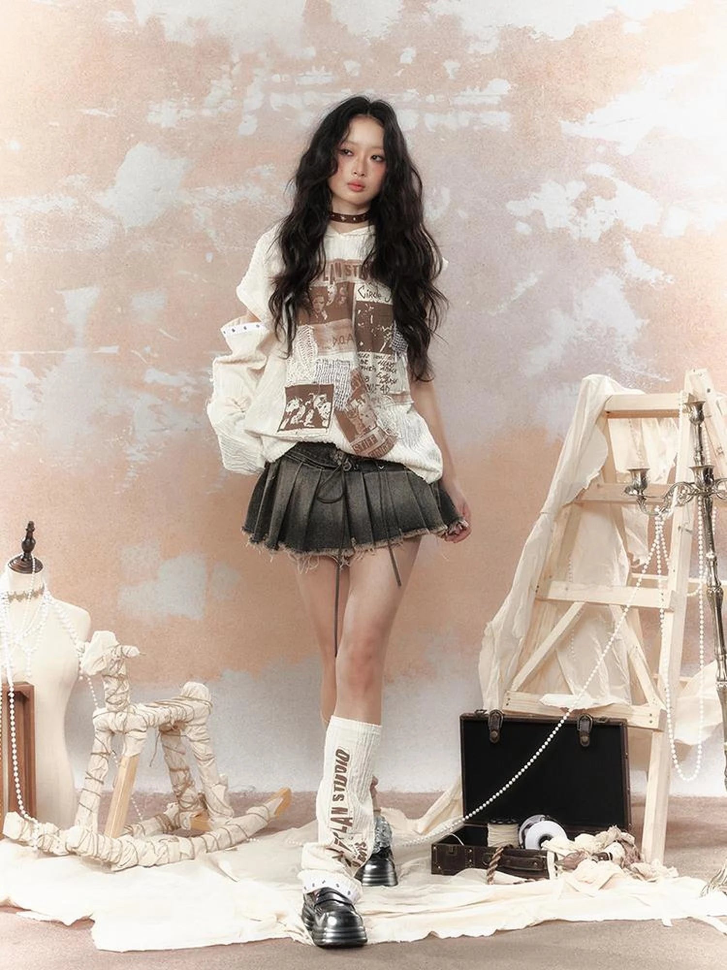 Steampunk Rivet Studded Denim Mini Skirt